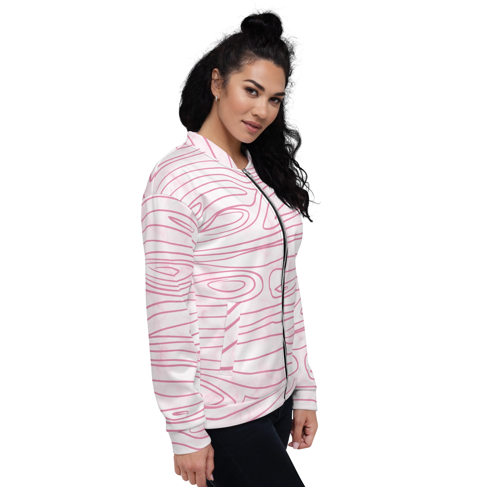 Women's bomber jacket featuring a pink line art sketch print, zip-front closure, and ribbed cuffs, ideal for stylish layering.