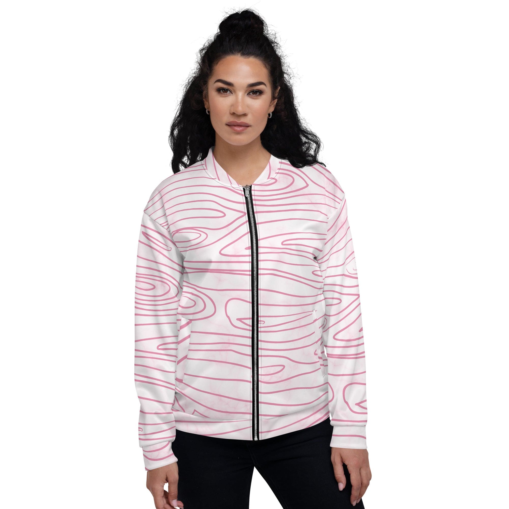 Women's bomber jacket featuring a pink line art sketch print, zip-front closure, and ribbed cuffs, ideal for stylish layering.