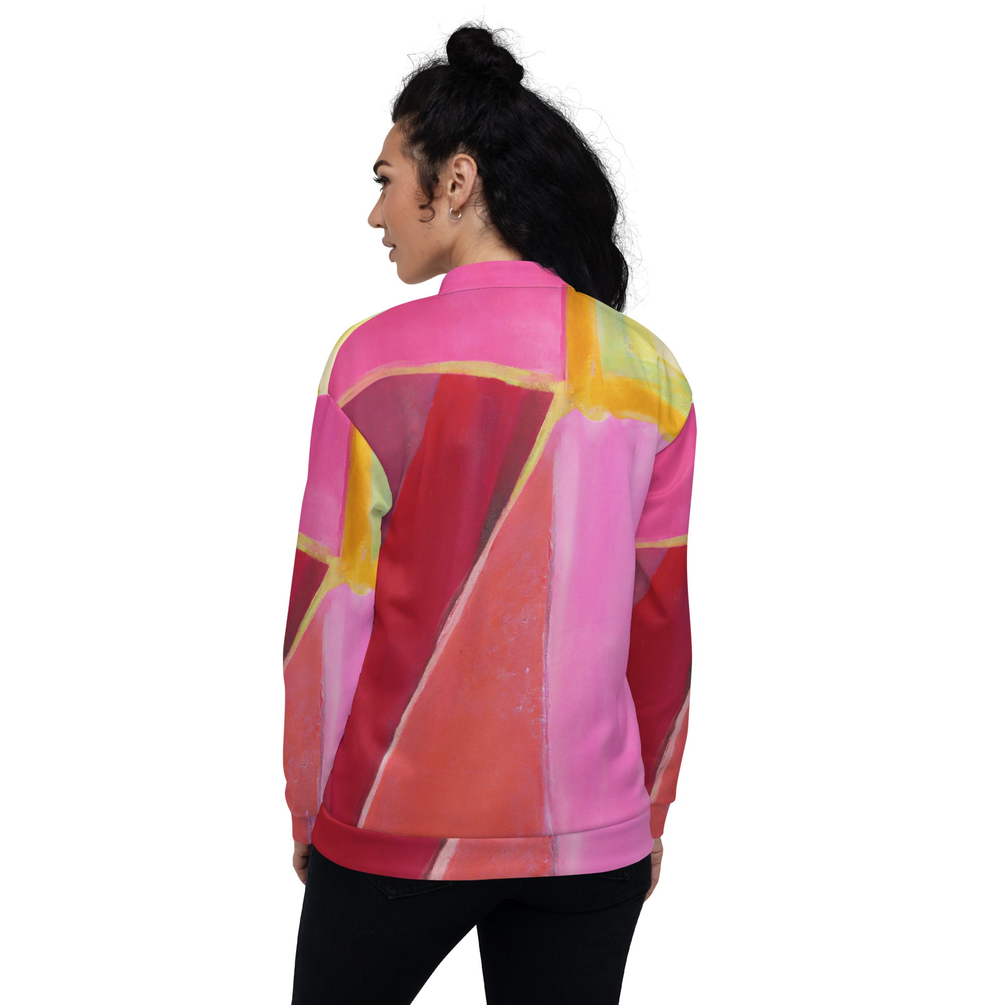 Women's bomber jacket in pink mauve red geometric pattern, featuring zip-front closure and ribbed cuffs, perfect for stylish layering.