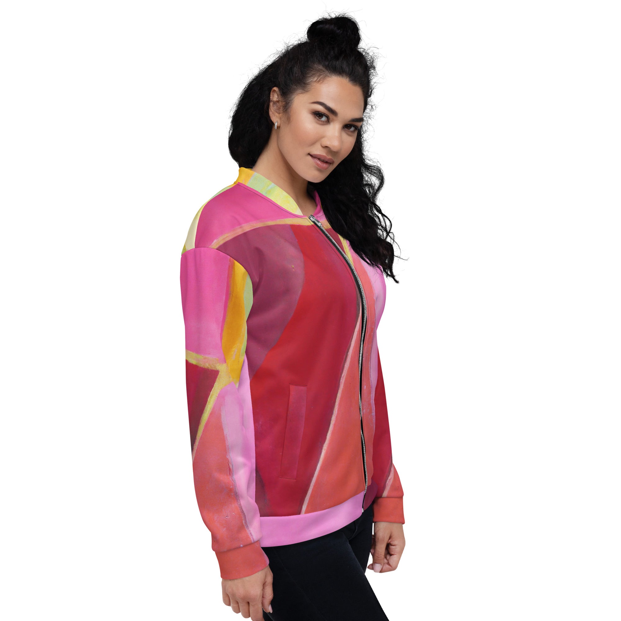 Women's bomber jacket in pink mauve red geometric pattern, featuring zip-front closure and ribbed cuffs, perfect for stylish layering.