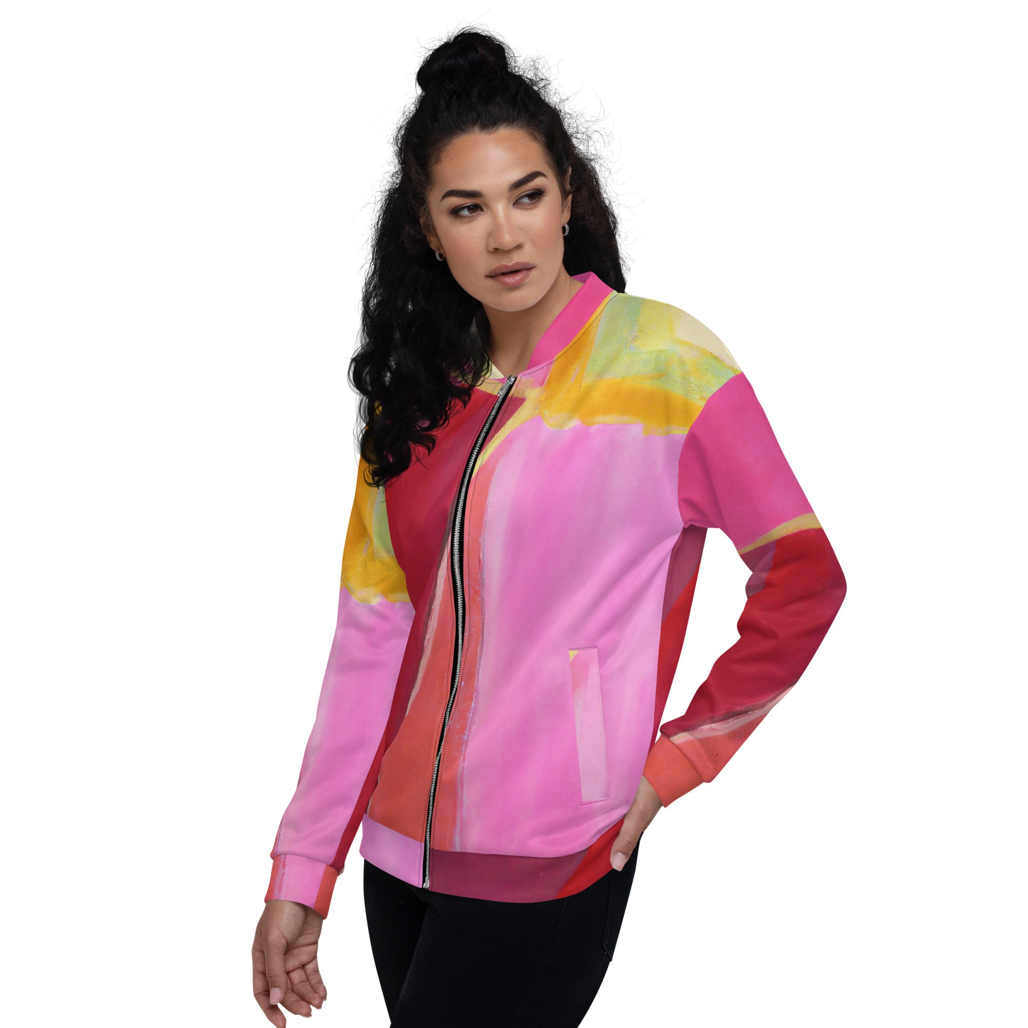 Women's bomber jacket in pink mauve red geometric pattern, featuring zip-front closure and ribbed cuffs, perfect for stylish layering.