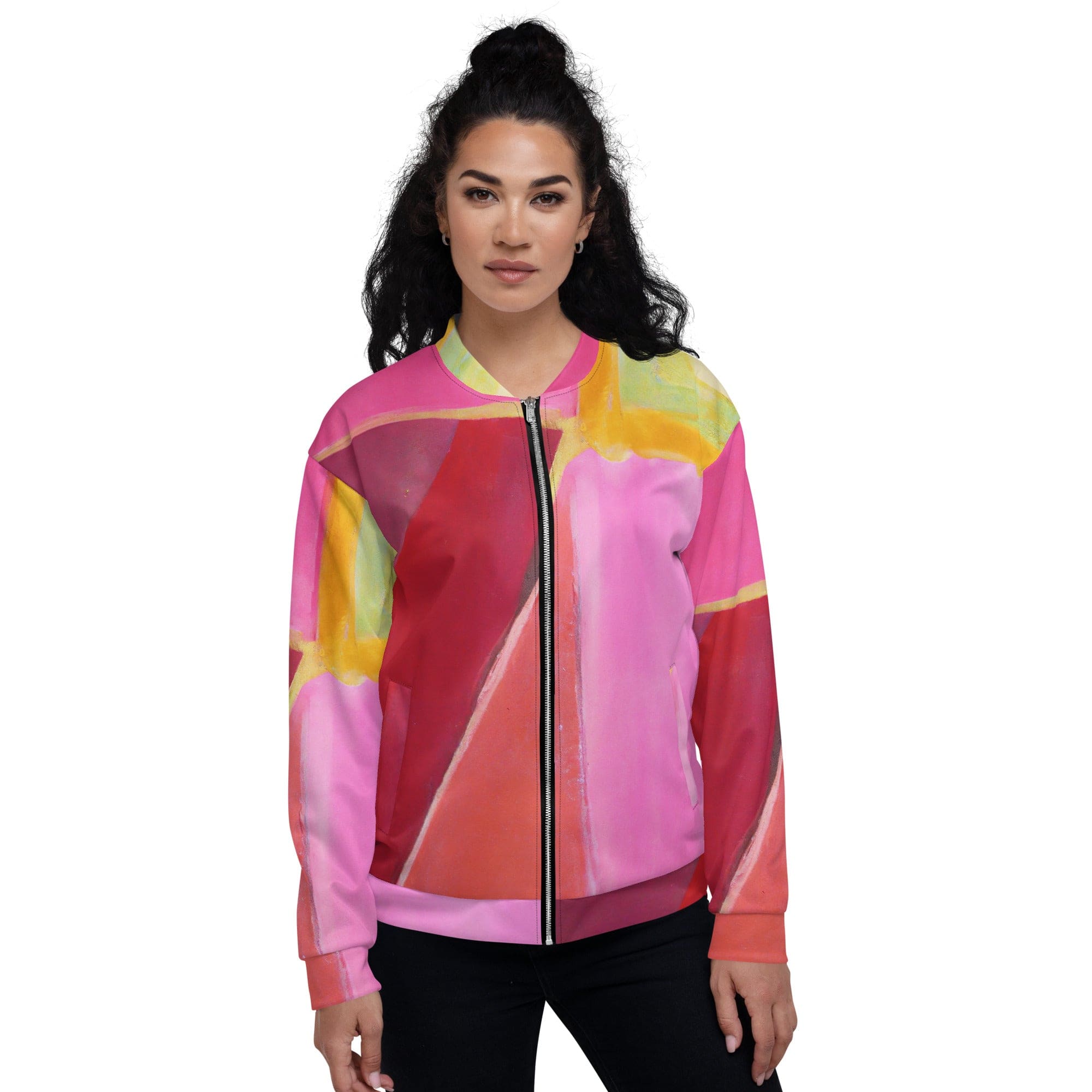 Women's bomber jacket in pink mauve red geometric pattern, featuring zip-front closure and ribbed cuffs, perfect for stylish layering.