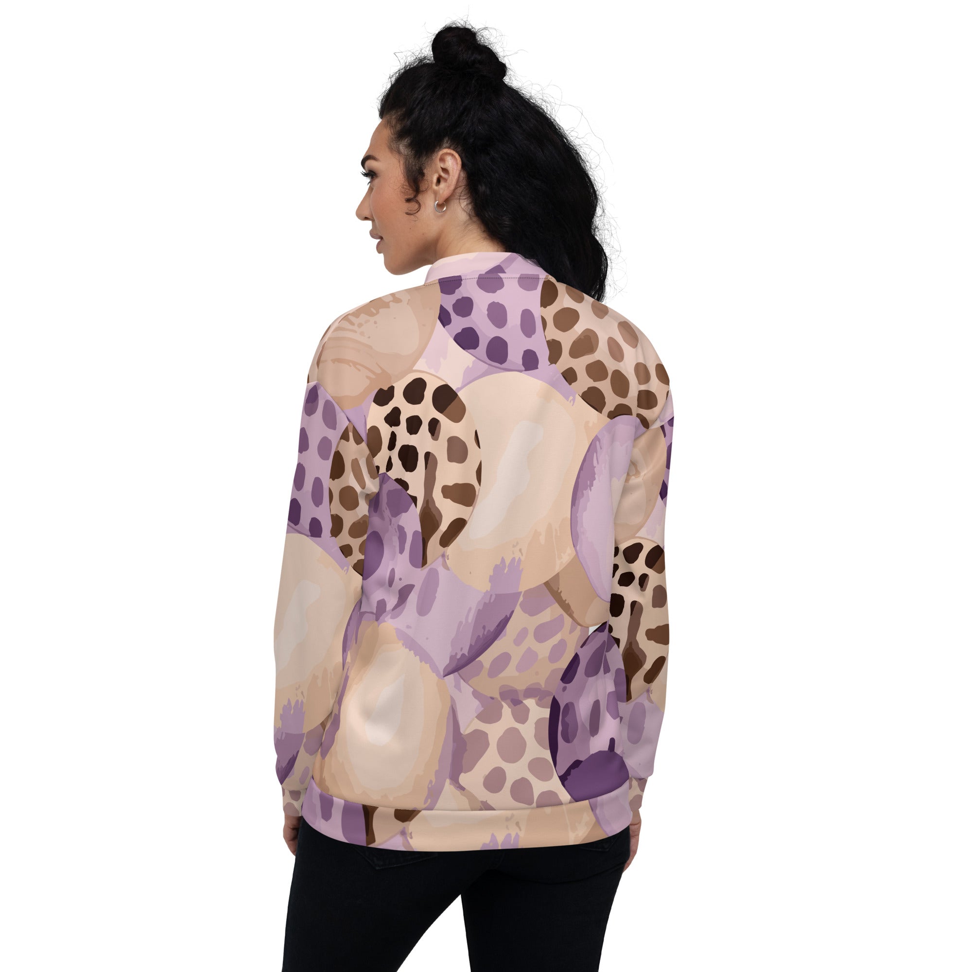 Women's bomber jacket in purple lavender with brown spotted print, featuring zip-front closure and ribbed cuffs.