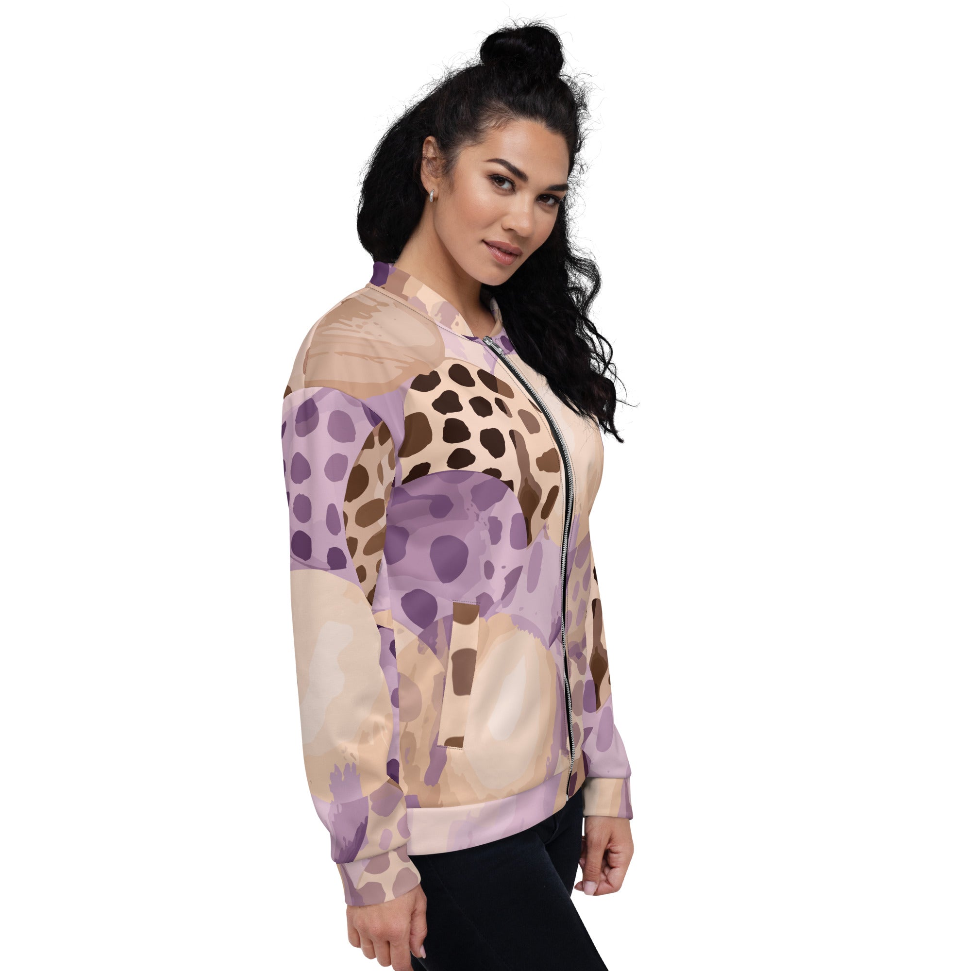 Women's bomber jacket in purple lavender with brown spotted print, featuring zip-front closure and ribbed cuffs.