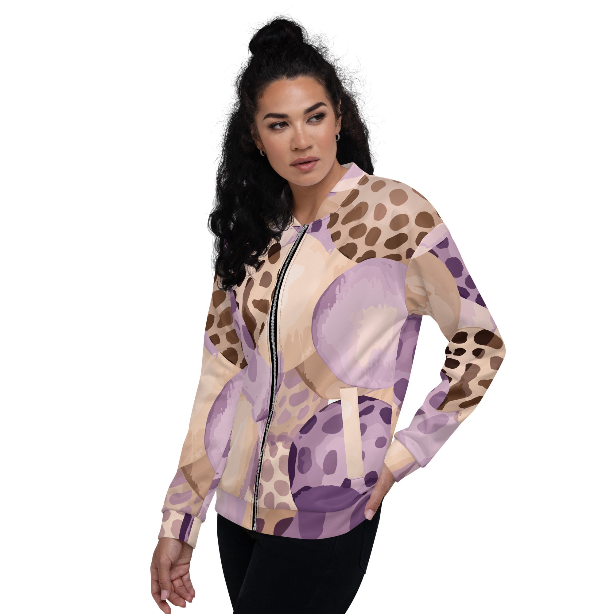 Women's bomber jacket in purple lavender with brown spotted print, featuring zip-front closure and ribbed cuffs.