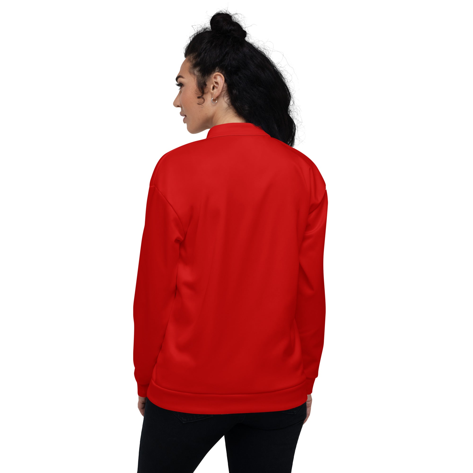 Stylish red women's bomber jacket featuring zip-front closure and ribbed cuffs, perfect for casual and chic outfits.