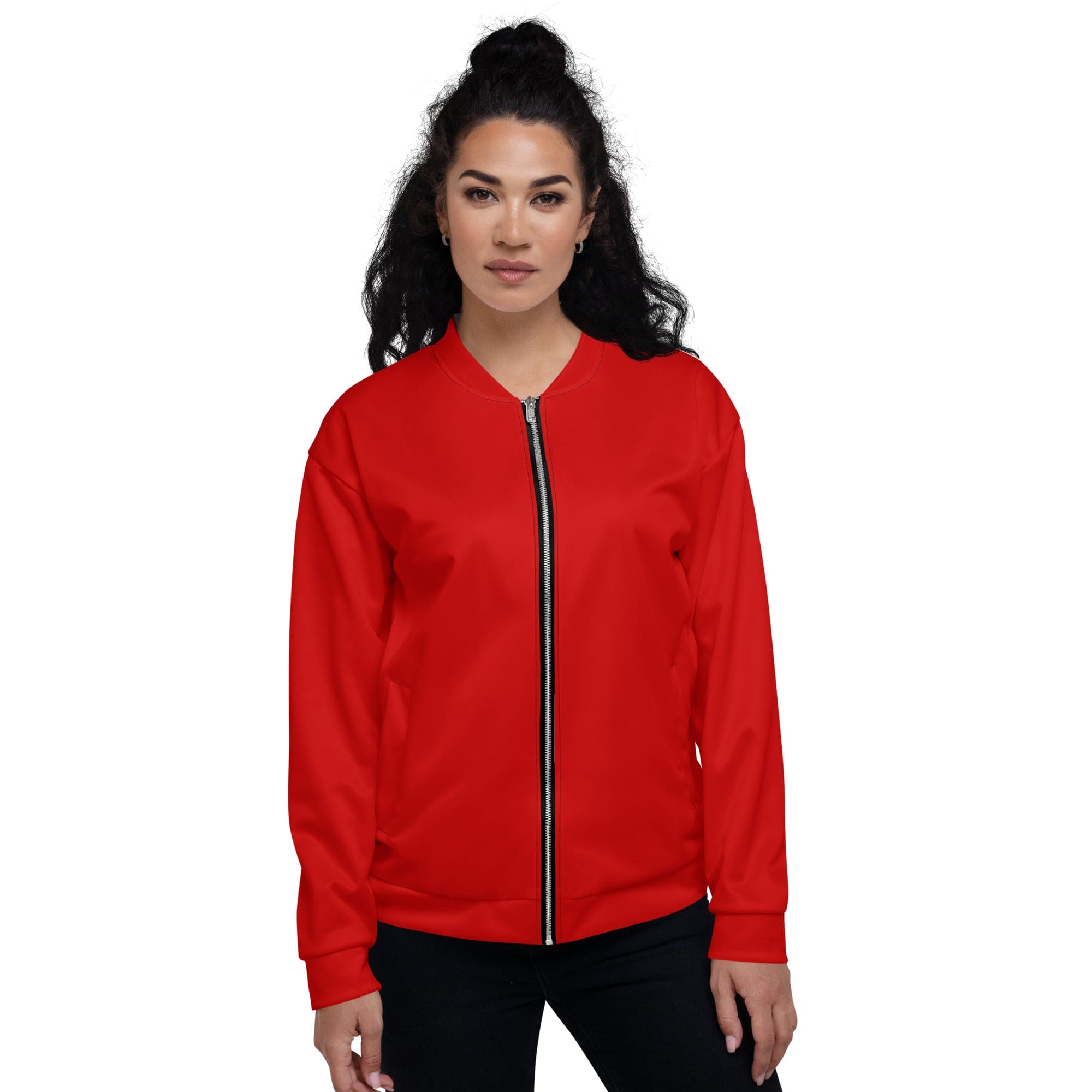 Stylish red women's bomber jacket featuring zip-front closure and ribbed cuffs, perfect for casual and chic outfits.