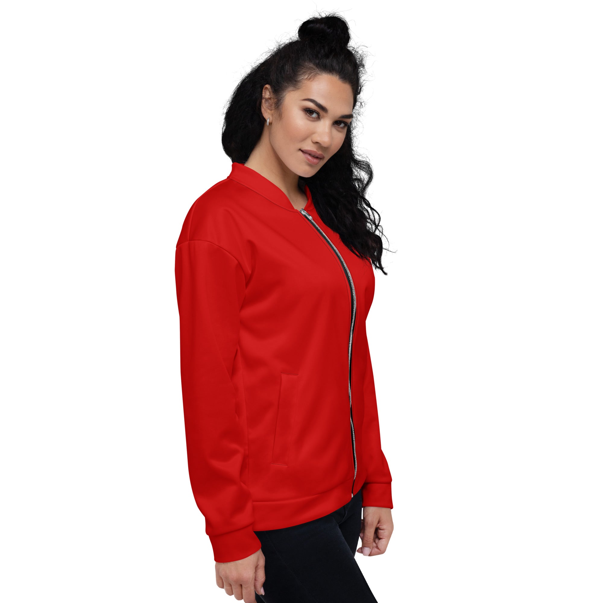 Stylish red women's bomber jacket featuring zip-front closure and ribbed cuffs, perfect for casual and chic outfits.