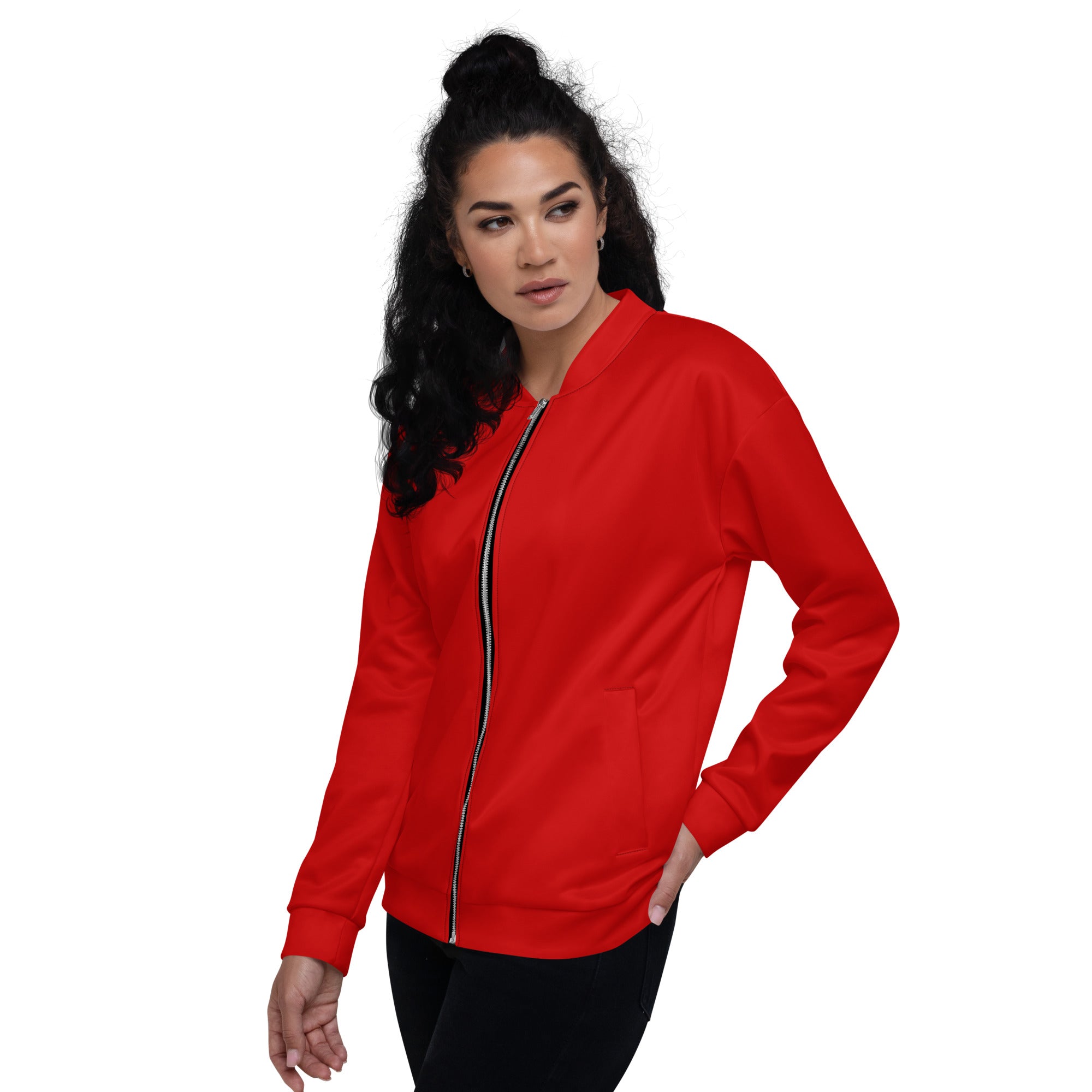 Stylish red women's bomber jacket featuring zip-front closure and ribbed cuffs, perfect for casual and chic outfits.