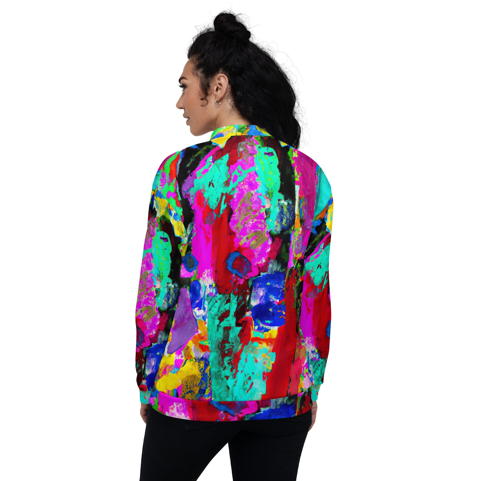 Women's bomber jacket featuring a vibrant red multicolor abstract print, zip-front closure, and ribbed cuffs, perfect for stylish layering.