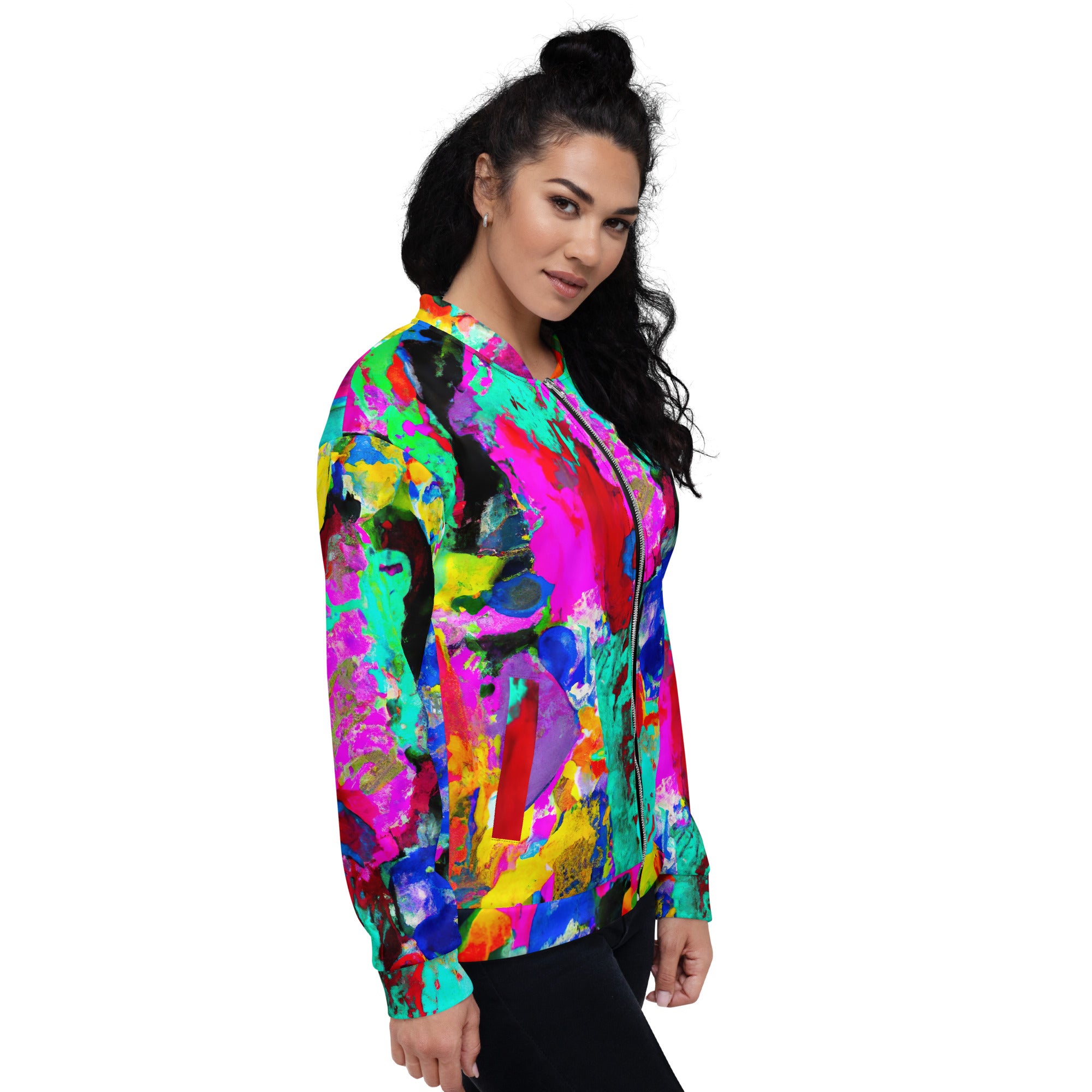 Women's bomber jacket featuring a vibrant red multicolor abstract print, zip-front closure, and ribbed cuffs, perfect for stylish layering.