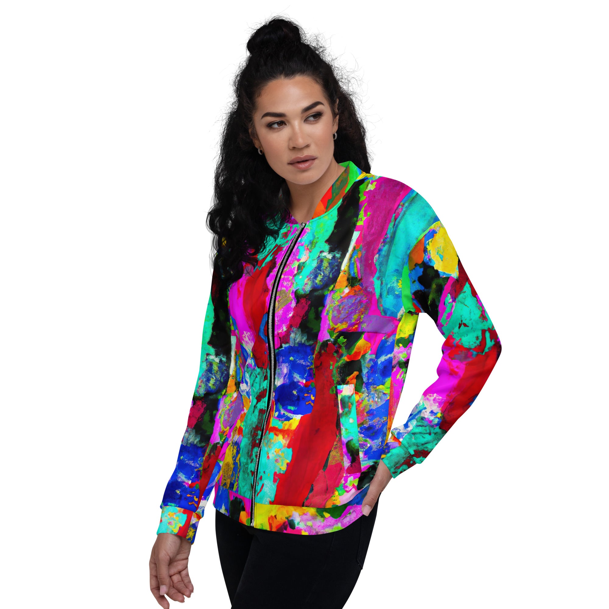 Women's bomber jacket featuring a vibrant red multicolor abstract print, zip-front closure, and ribbed cuffs, perfect for stylish layering.