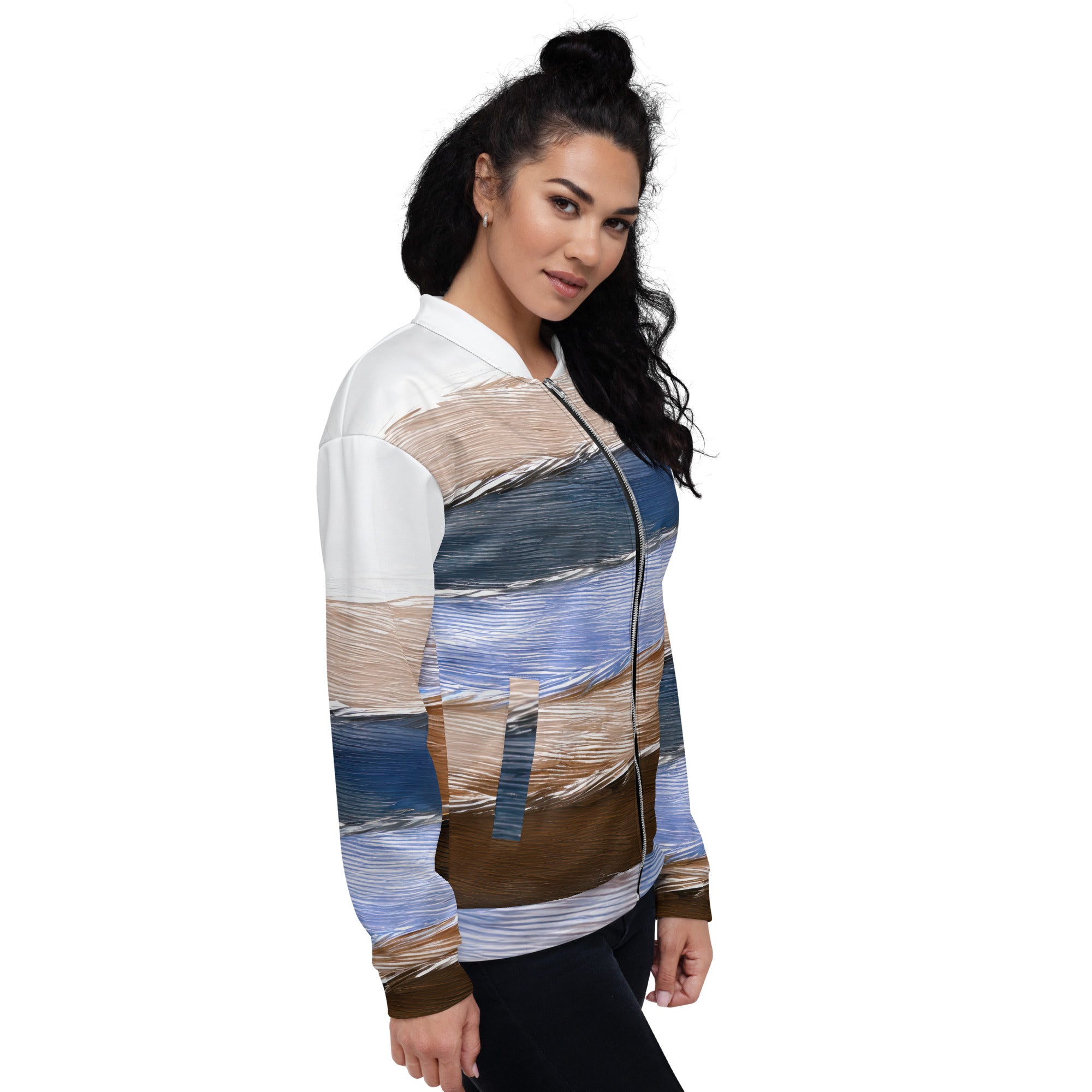 Women's bomber jacket featuring a rustic hues pattern, zip-front closure, and ribbed cuffs, perfect for stylish layering.