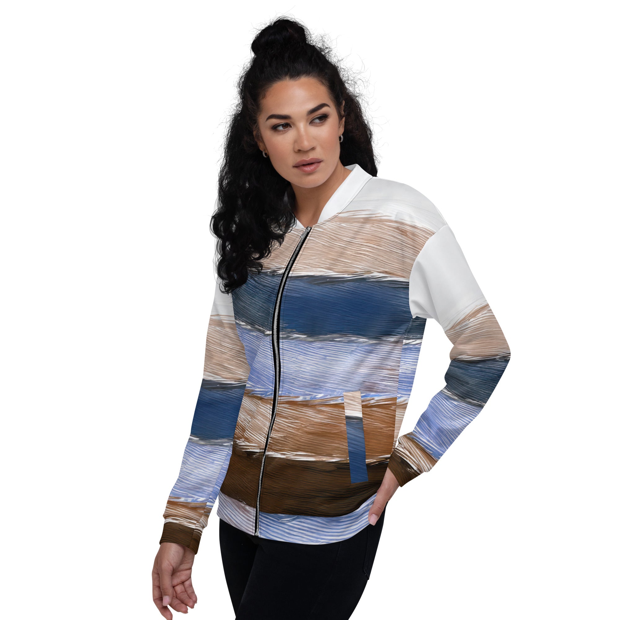 Women's bomber jacket featuring a rustic hues pattern, zip-front closure, and ribbed cuffs, perfect for stylish layering.