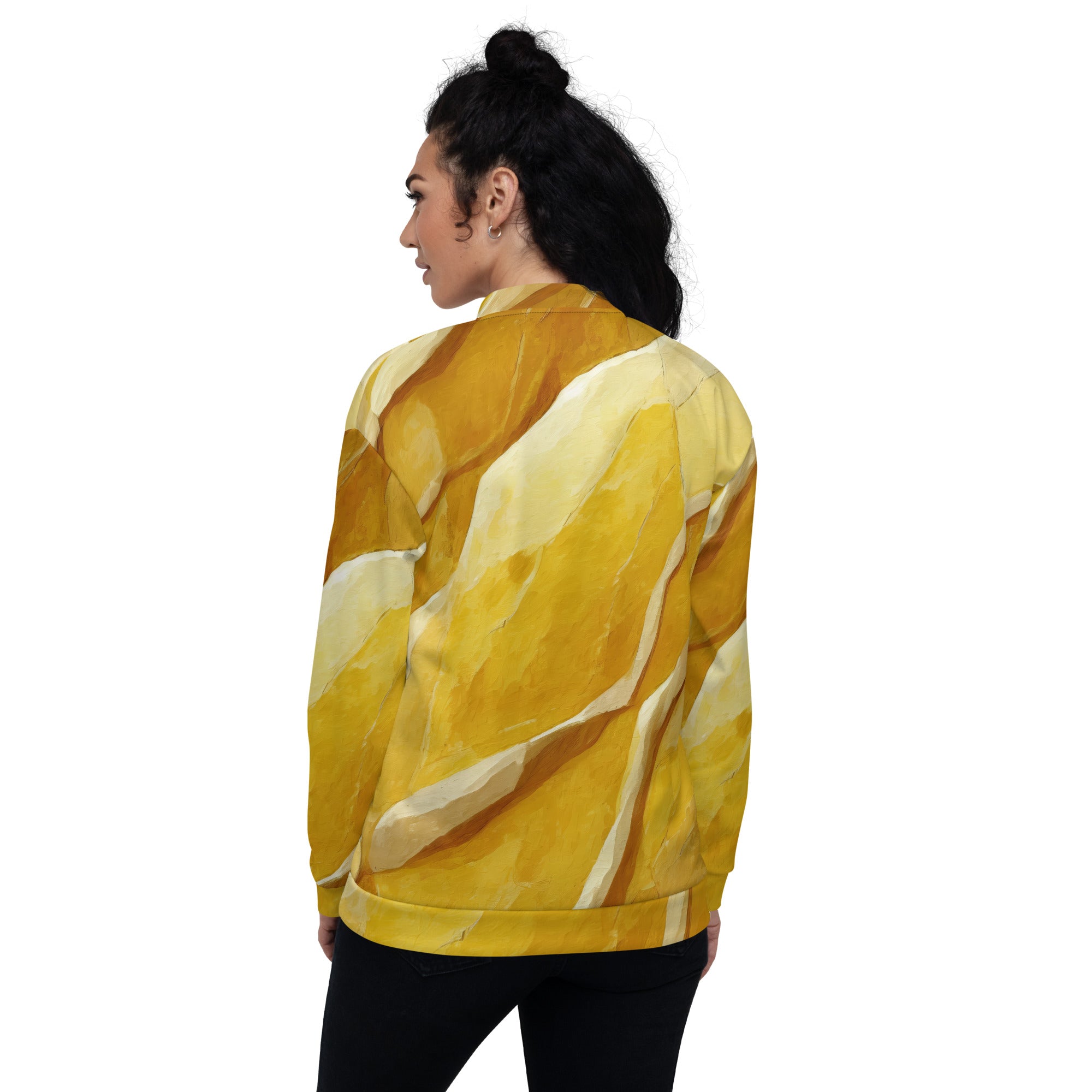 Women's bomber jacket featuring a rustic yellow stone print, zip-front closure, and ribbed cuffs, ideal for stylish layering.