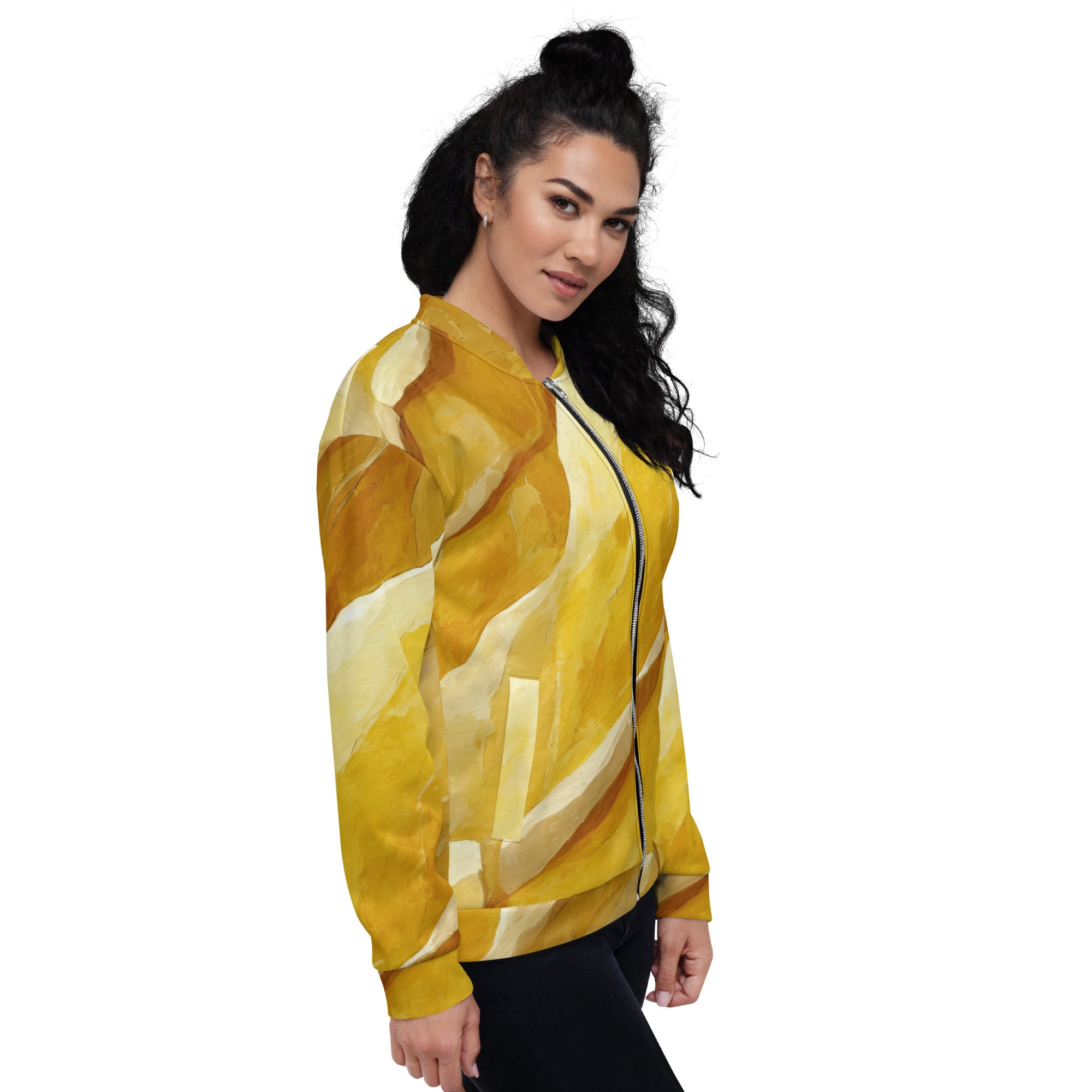 Women's bomber jacket featuring a rustic yellow stone print, zip-front closure, and ribbed cuffs, ideal for stylish layering.