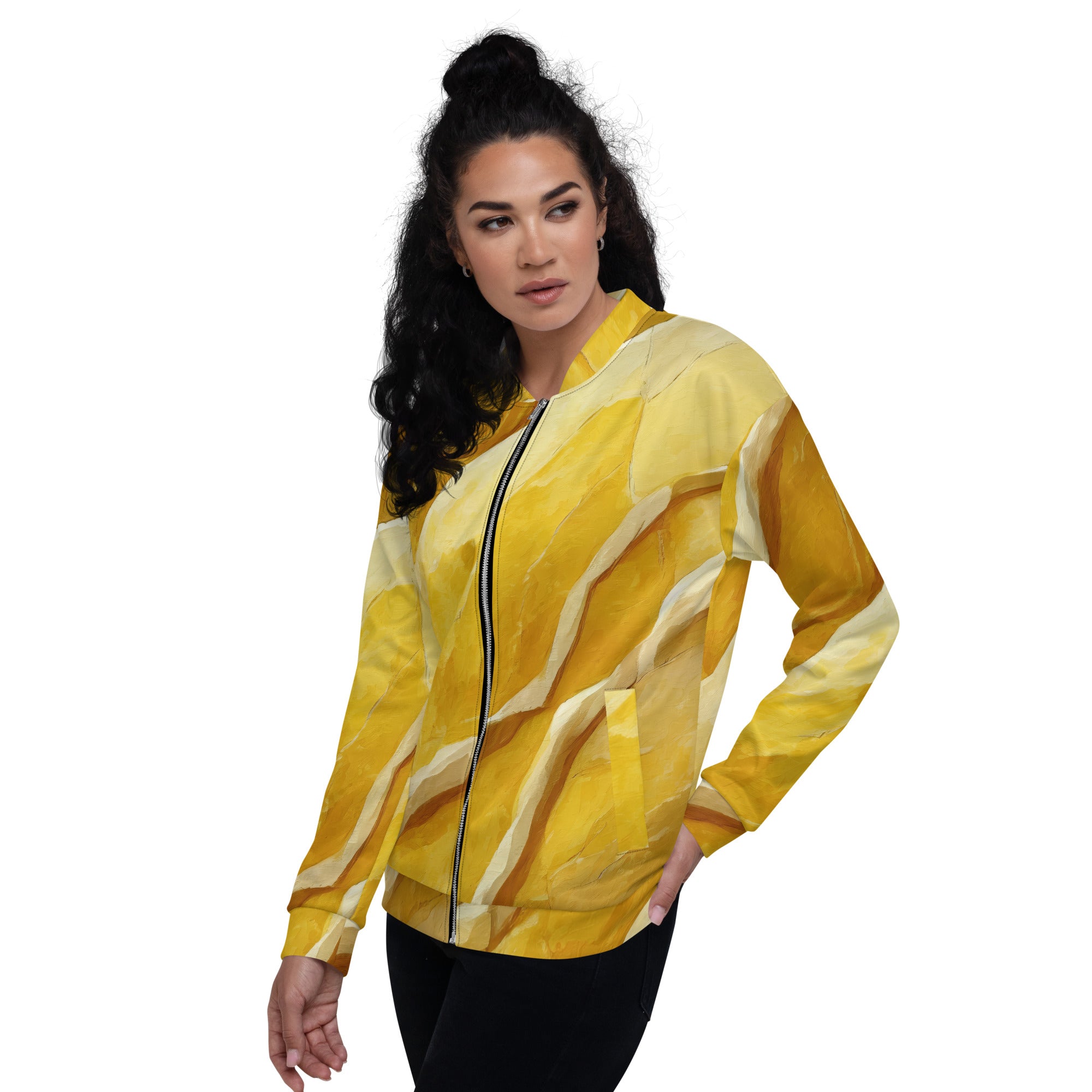 Women's bomber jacket featuring a rustic yellow stone print, zip-front closure, and ribbed cuffs, ideal for stylish layering.