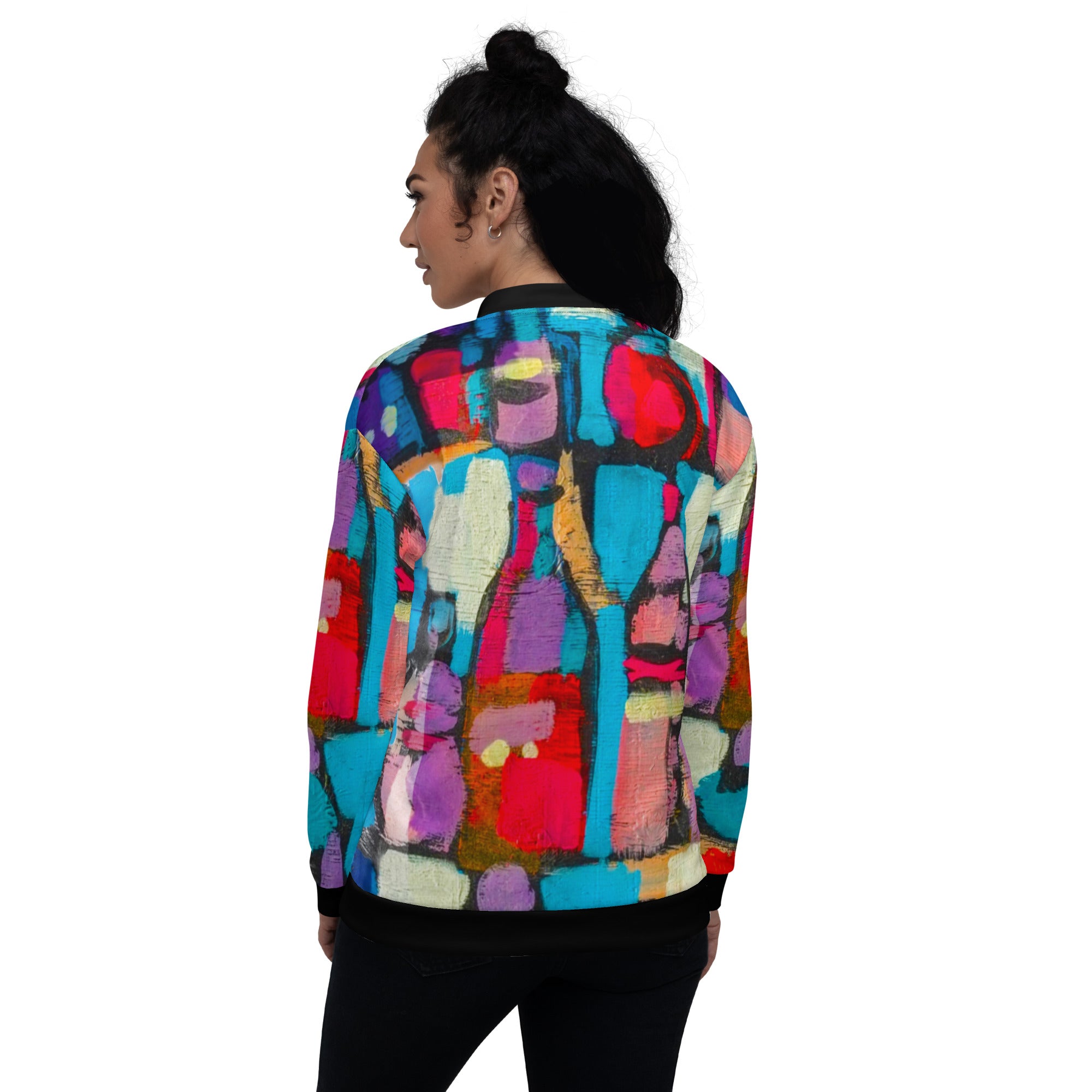 A vibrant Womens Bomber Jacket featuring a smooth print design, showcasing its relaxed unisex fit and stylish front zipper.