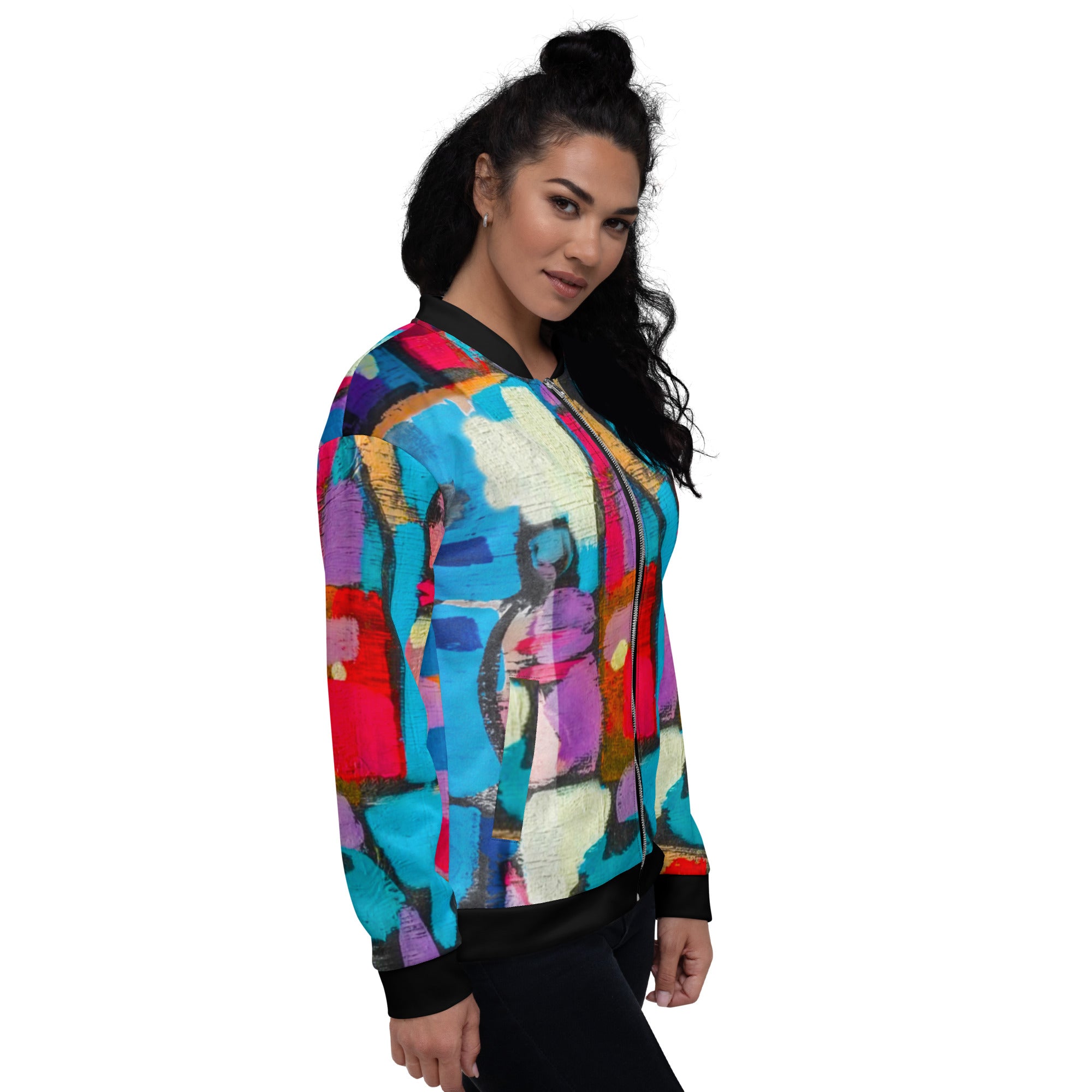 A vibrant Womens Bomber Jacket featuring a smooth print design, showcasing its relaxed unisex fit and stylish front zipper.