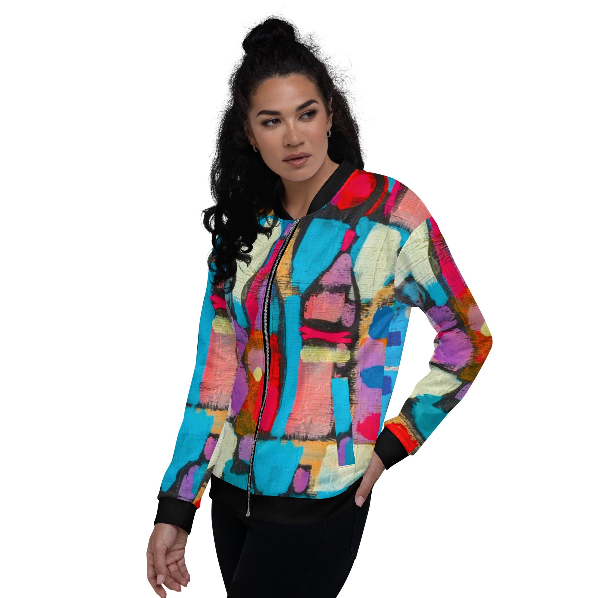 A vibrant Womens Bomber Jacket featuring a smooth print design, showcasing its relaxed unisex fit and stylish front zipper.