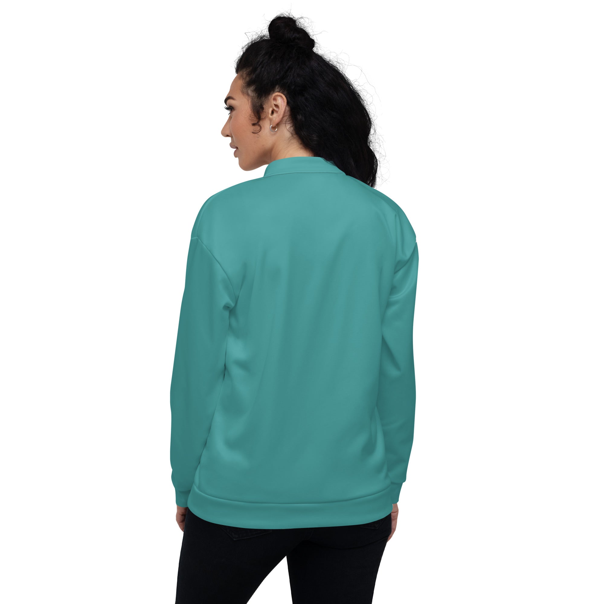 Women's bomber jacket in teal green with zip-front closure and ribbed cuffs, featuring two self-fabric pockets.