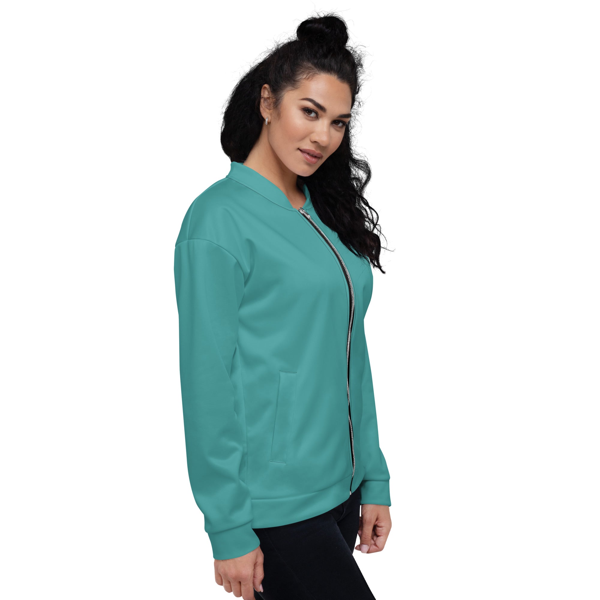 Women's bomber jacket in teal green with zip-front closure and ribbed cuffs, featuring two self-fabric pockets.