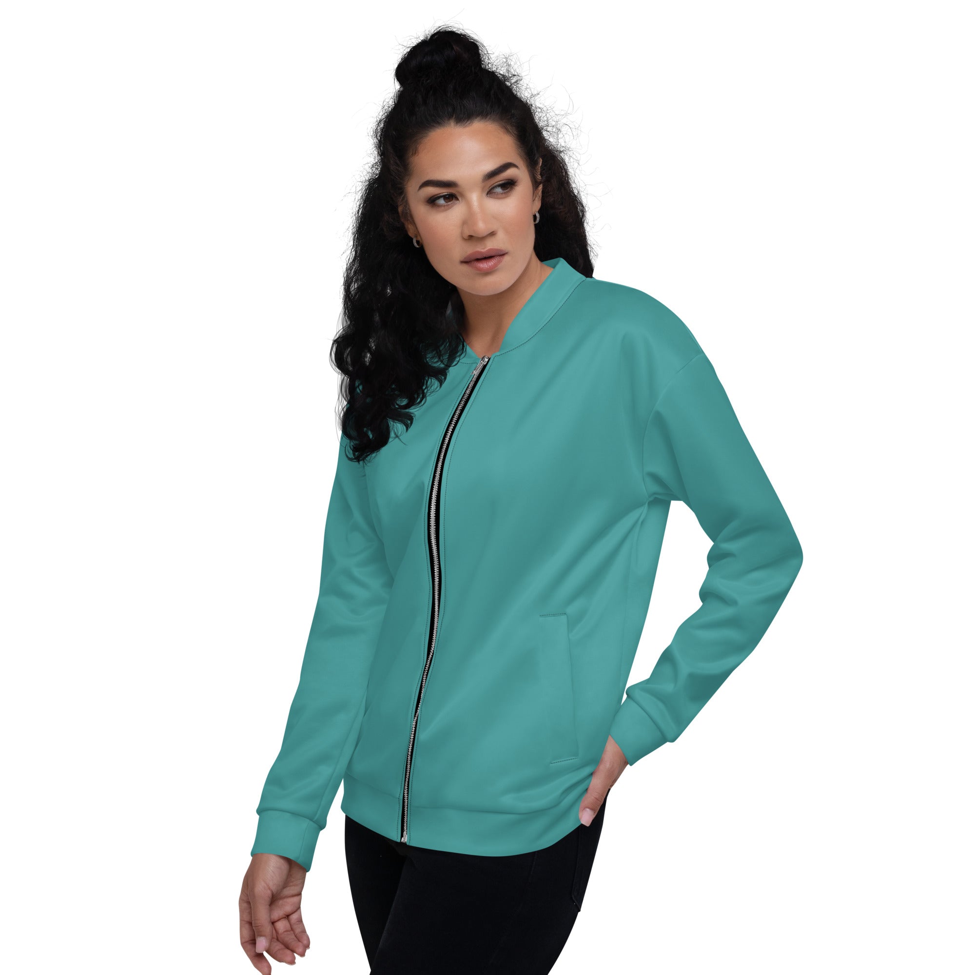 Women's bomber jacket in teal green with zip-front closure and ribbed cuffs, featuring two self-fabric pockets.