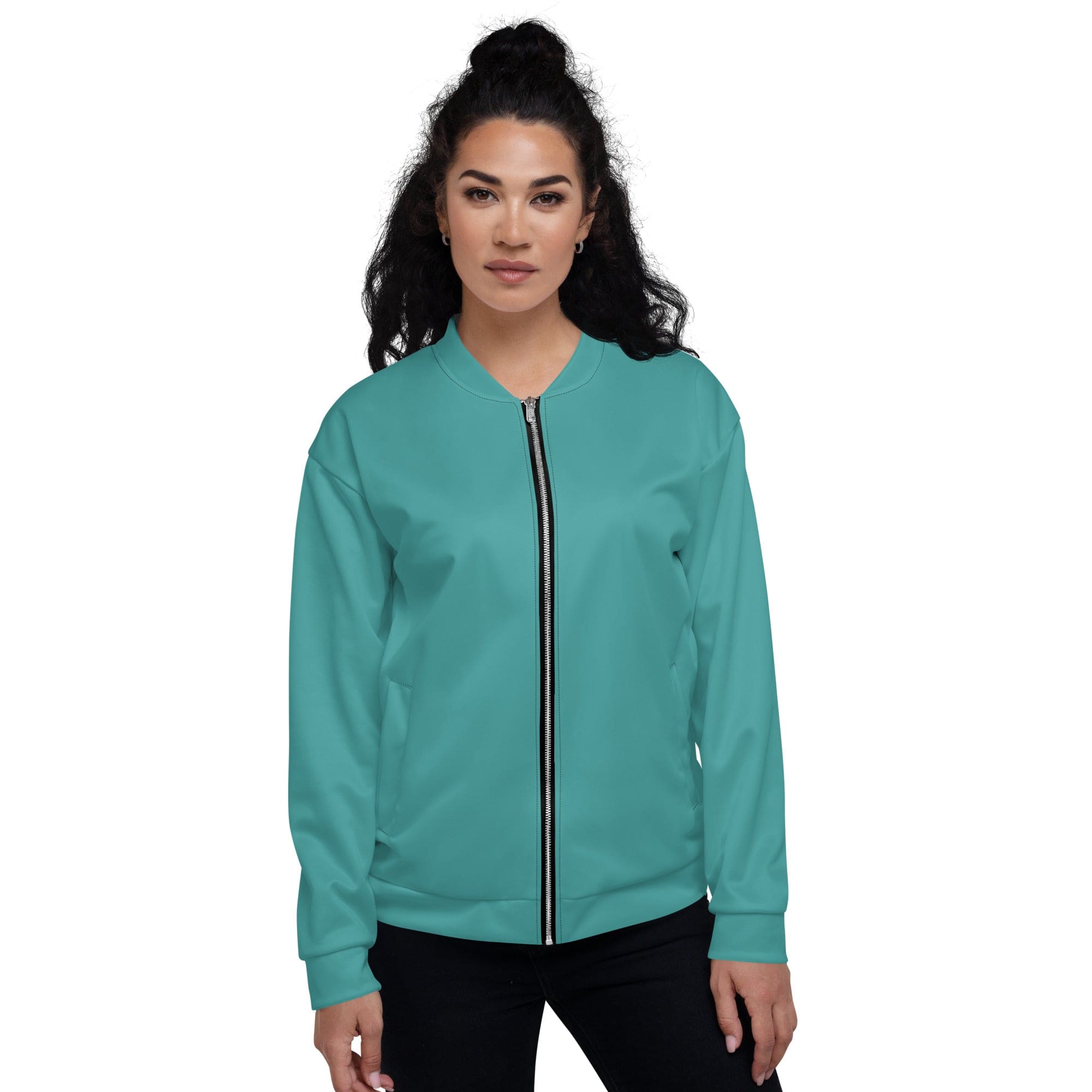 Women's bomber jacket in teal green with zip-front closure and ribbed cuffs, featuring two self-fabric pockets.