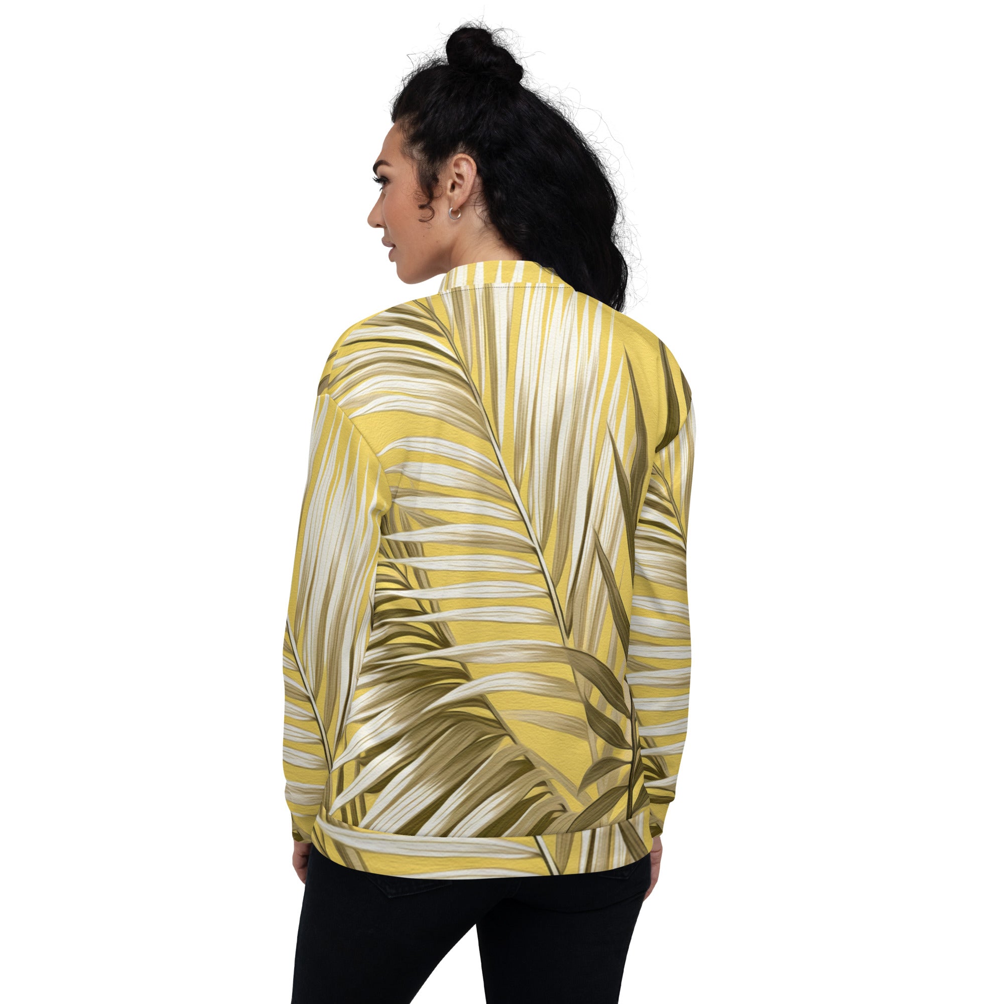 Women's bomber jacket featuring a white and brown palm leaves design, zip-front closure, and ribbed cuffs, perfect for stylish layering.