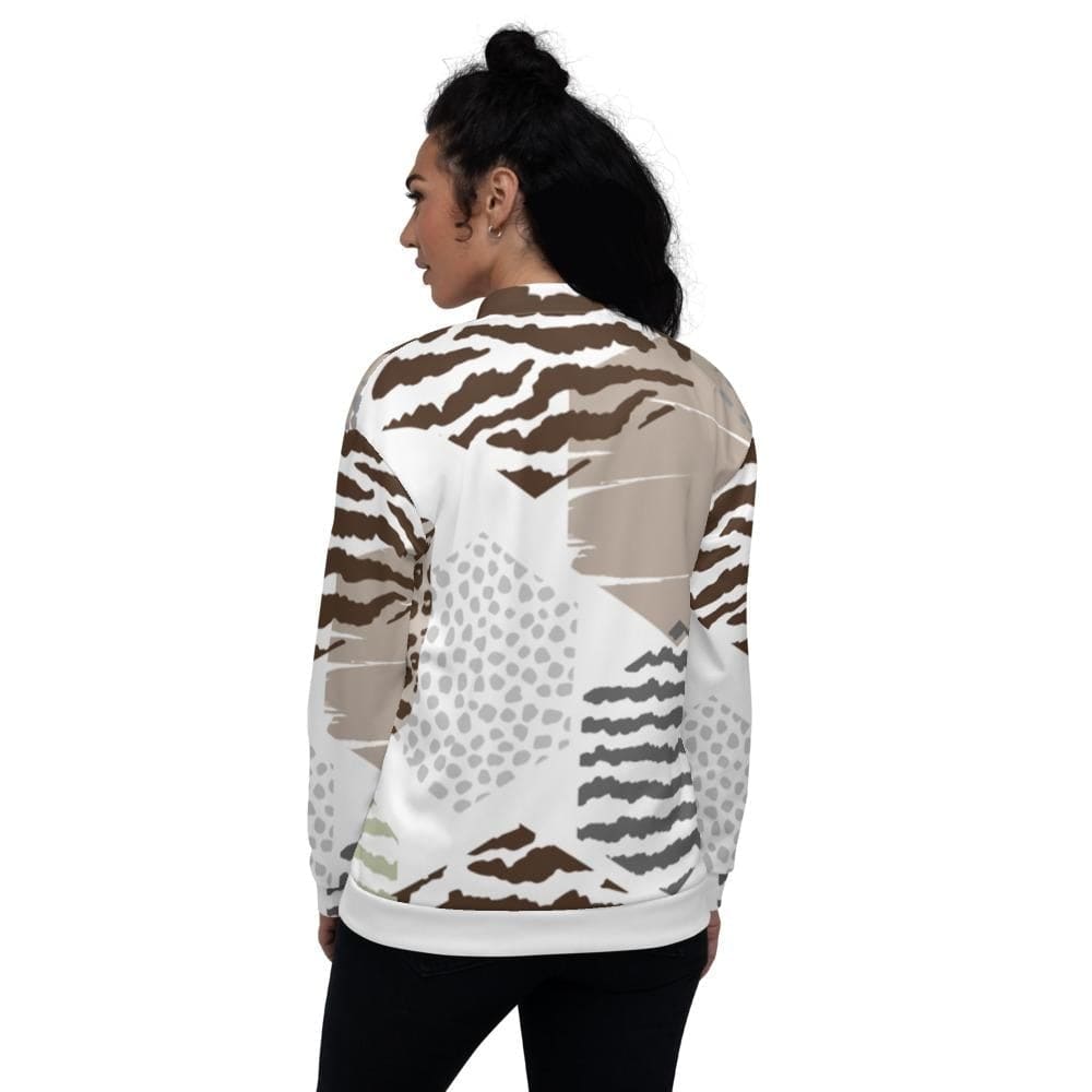 Women's Bomber Jacket in white and taupe geometric pattern, featuring brushed fleece lining and silver YKK zipper.