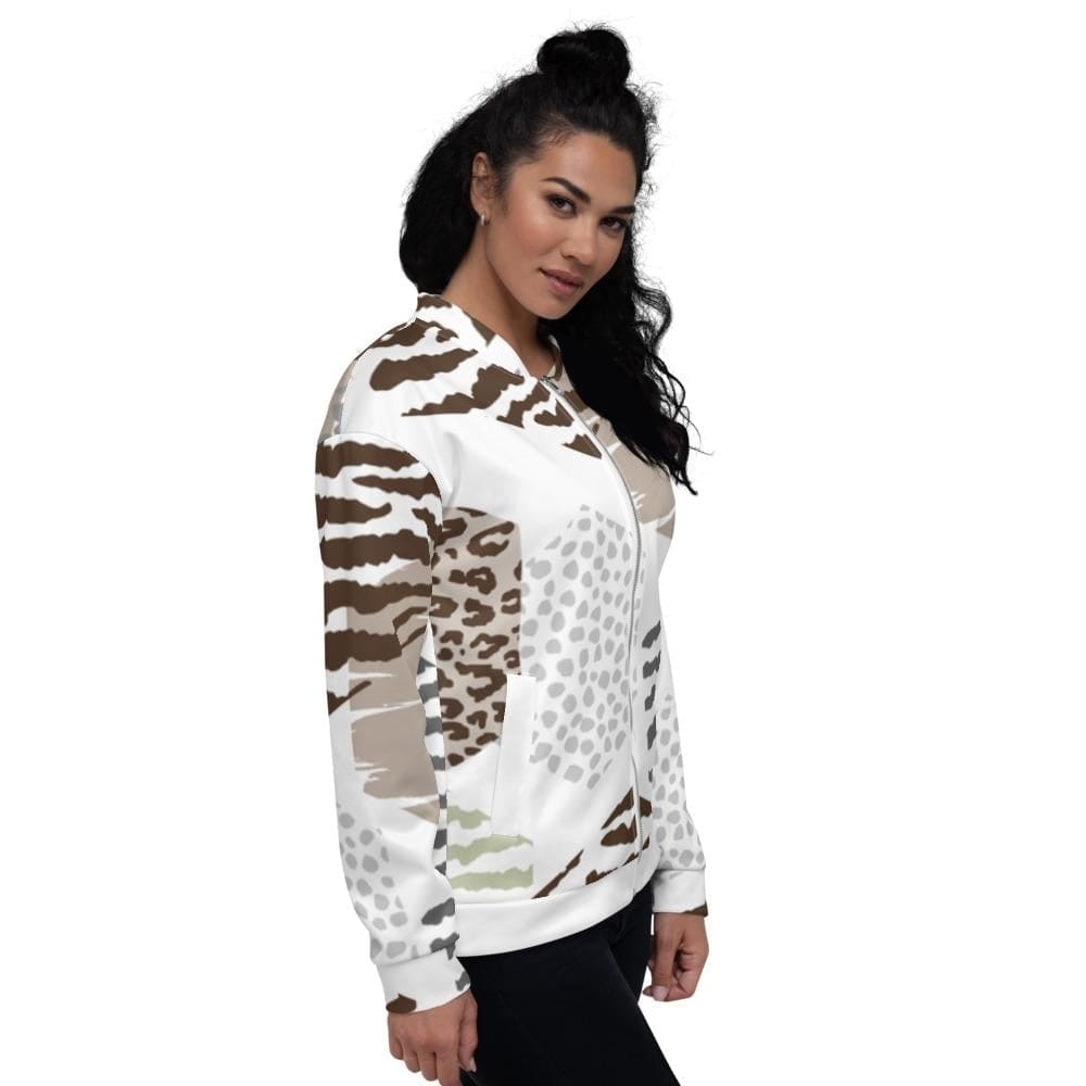 Women's Bomber Jacket in white and taupe geometric pattern, featuring brushed fleece lining and silver YKK zipper.