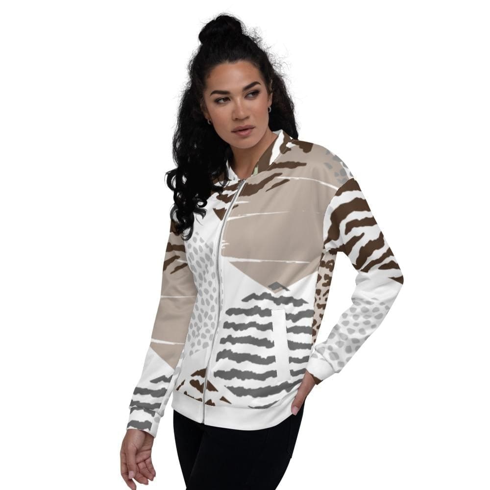 Women's Bomber Jacket in white and taupe geometric pattern, featuring brushed fleece lining and silver YKK zipper.