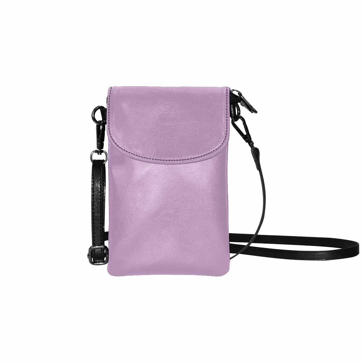 Lilac purple women's cell phone purse made of microfiber leather with adjustable strap and multiple compartments.