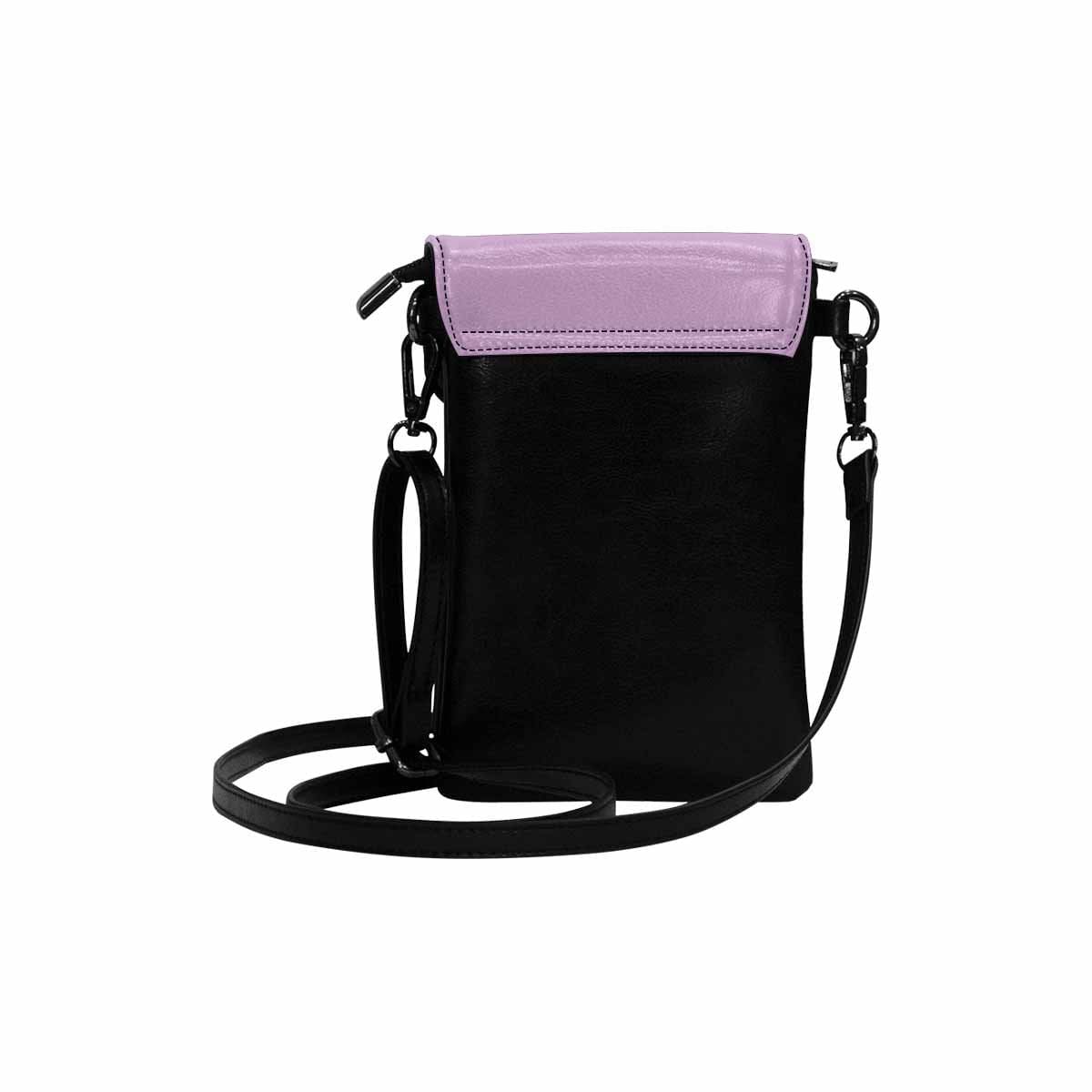 Lilac purple women's cell phone purse made of microfiber leather with adjustable strap and multiple compartments.