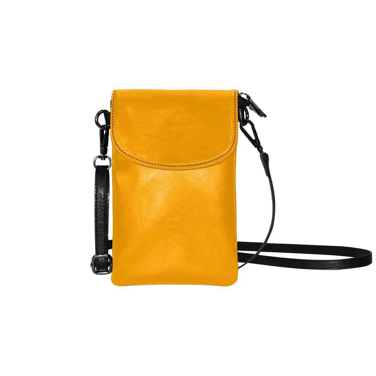 Stylish orange womens cell phone purse made of microfiber leather with adjustable strap and multiple compartments.