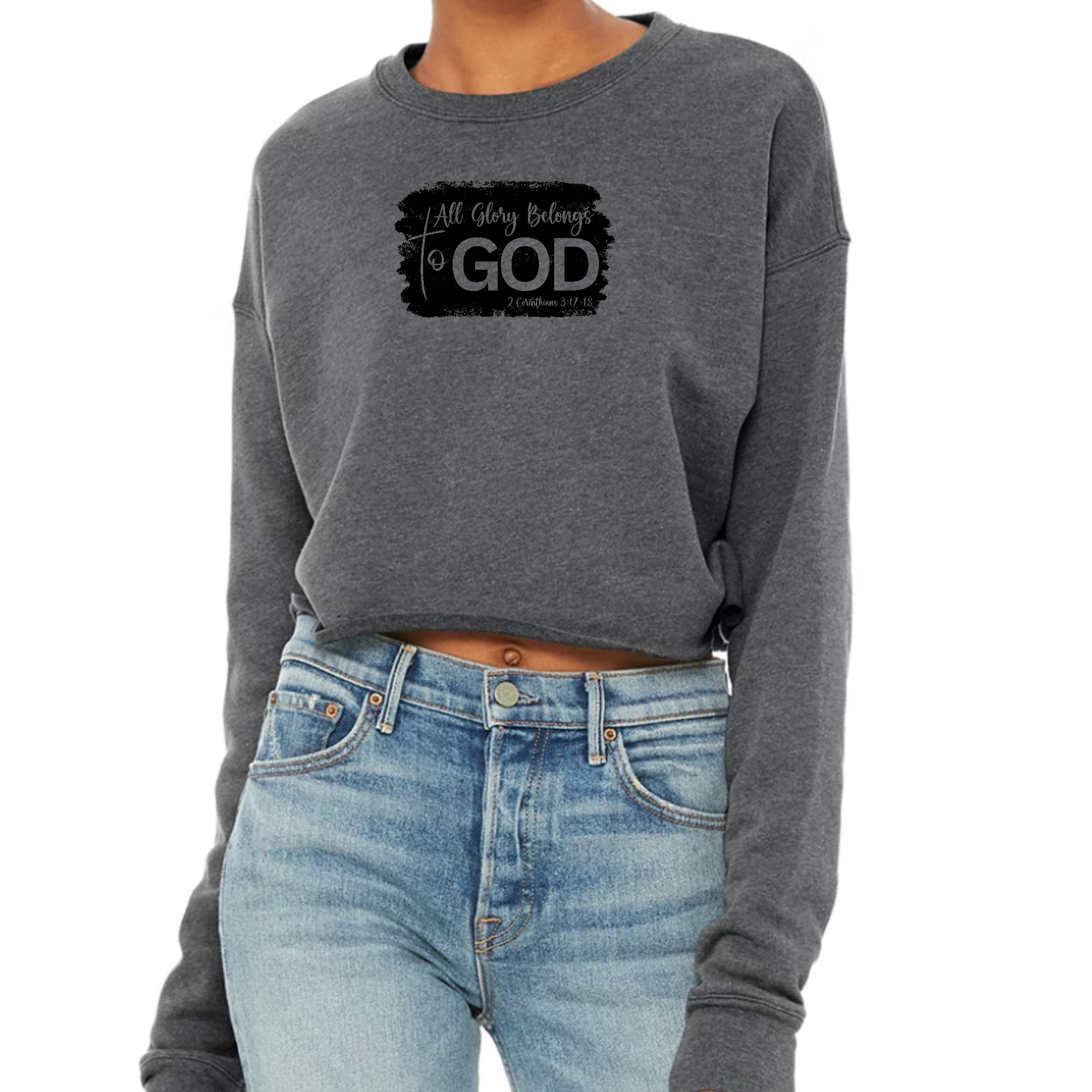 Womens cropped graphic sweatshirt in black featuring 'All Glory Belongs to God' print, showcasing a stylish and comfortable design.