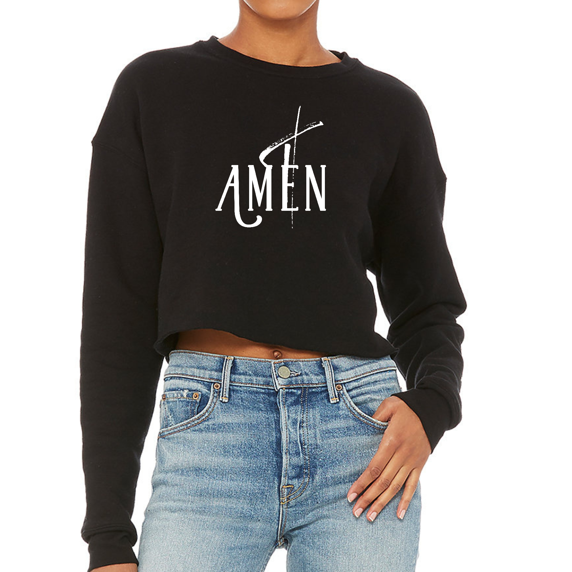 Womens Cropped Graphic Sweatshirt featuring AMEN White Print, showcasing cozy fleece material and stylish crewneck design.