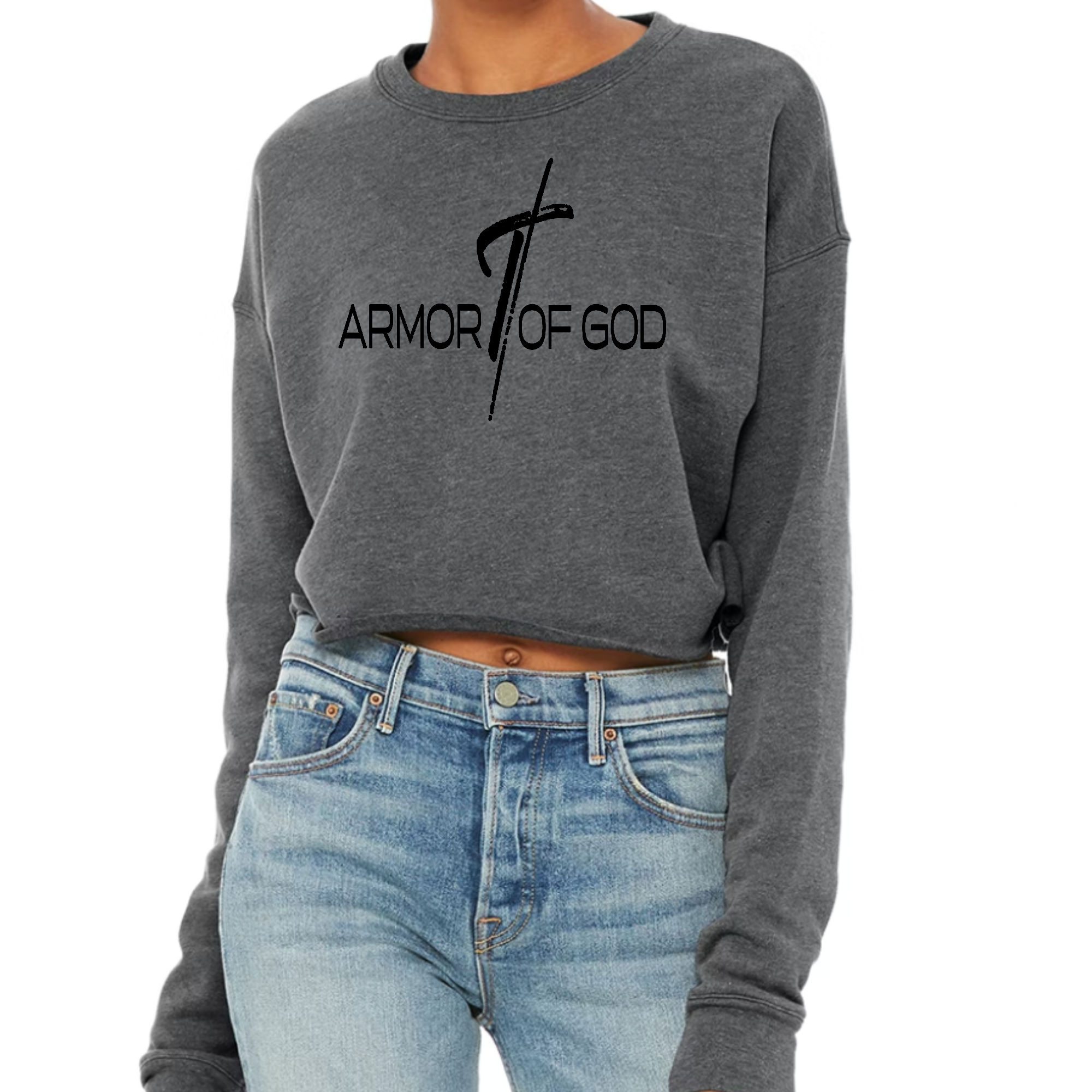 Women's cropped graphic sweatshirt featuring Armor of God illustration in black, showcasing a stylish and comfortable design.