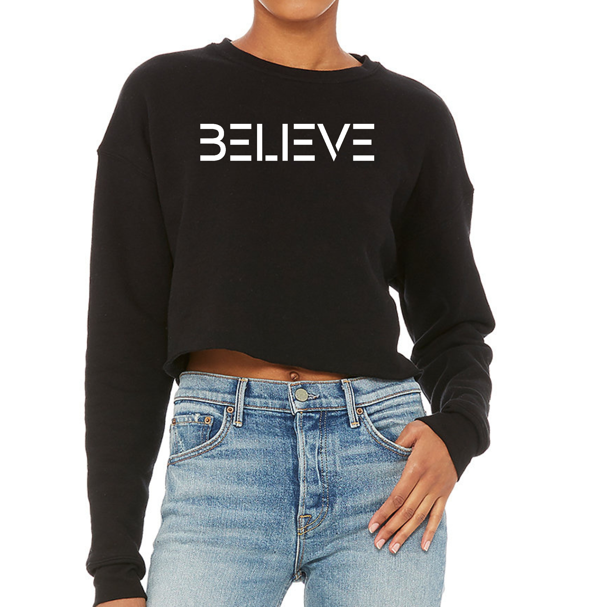 Women's cropped graphic sweatshirt in white with 'Believe' print, showcasing a relaxed fit and drop-shoulder design.