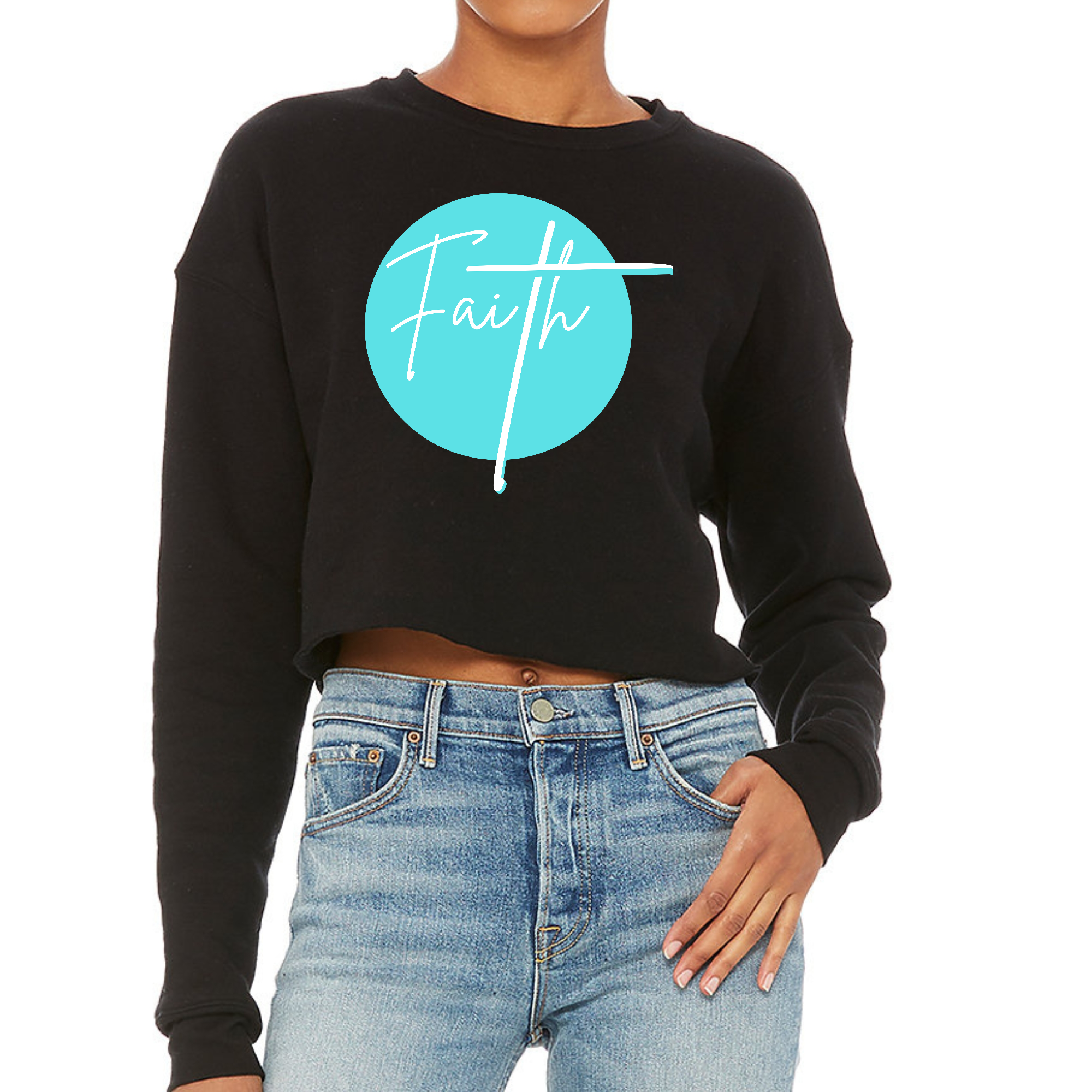 Women's cropped graphic sweatshirt in cyan blue with white Faith design, featuring a relaxed fit and drop-shoulder seams.