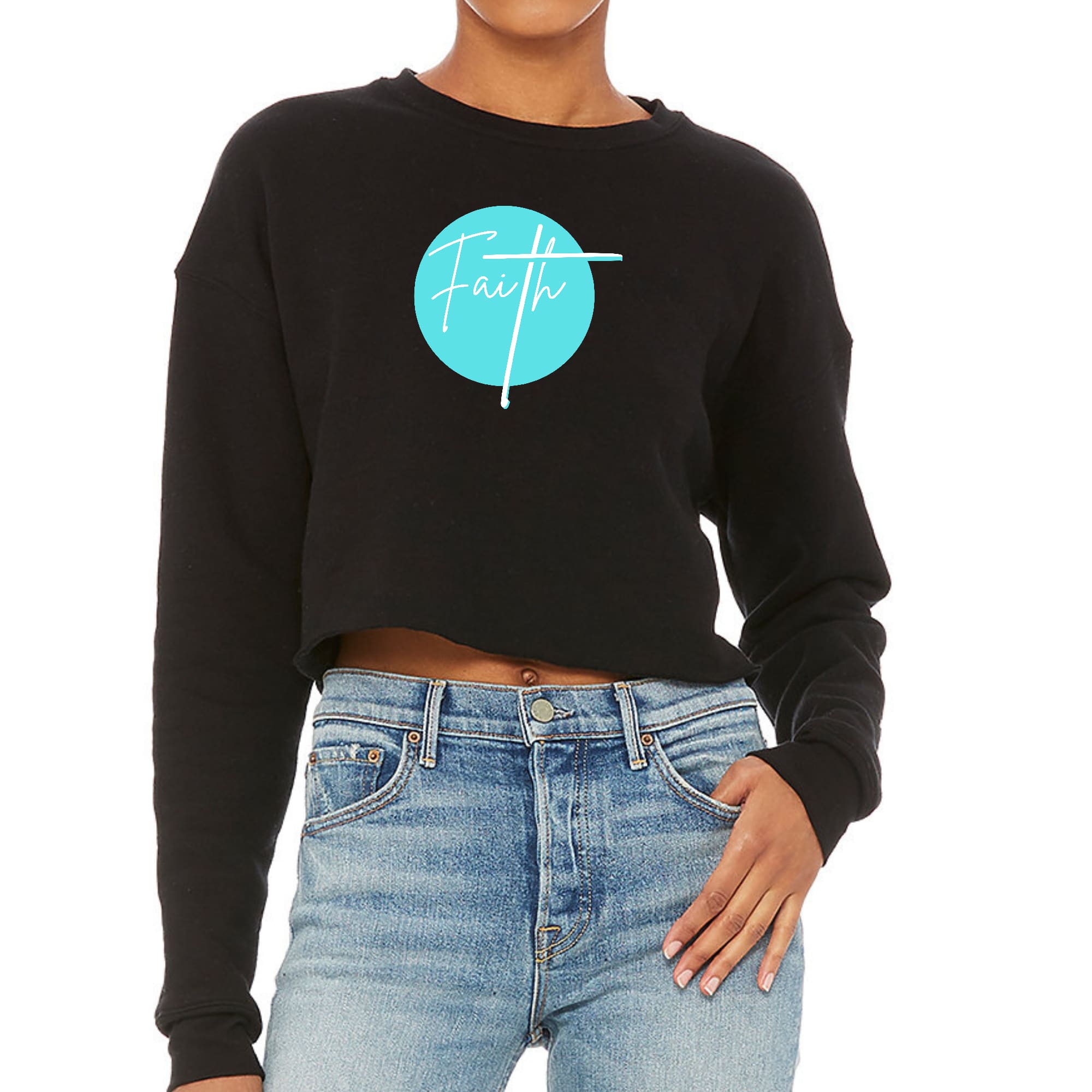 Women's cropped graphic sweatshirt in cyan blue with white Faith design, featuring a relaxed fit and drop-shoulder seams.