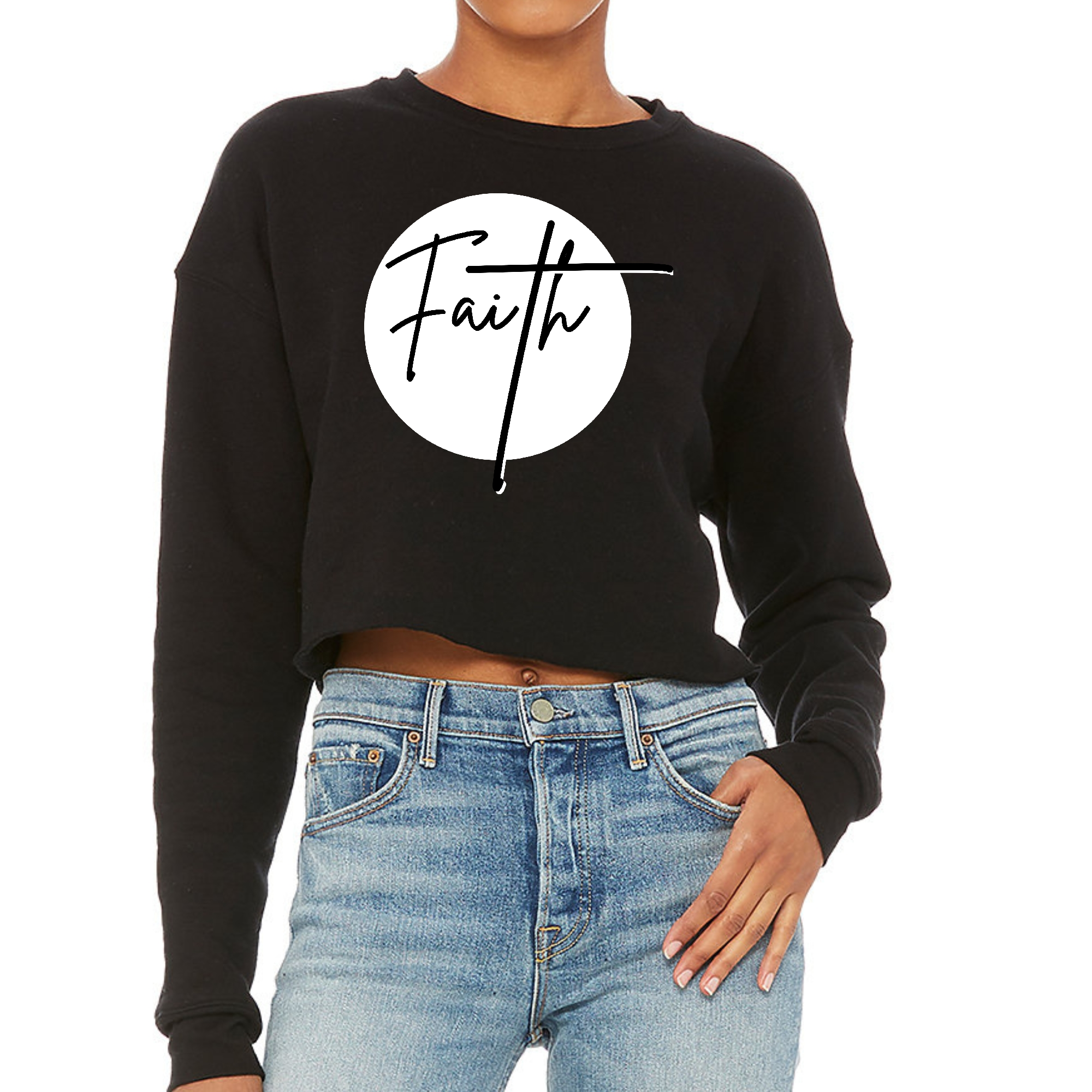 Women's cropped graphic sweatshirt featuring a bold Faith print in black on a white background, showcasing a relaxed fit and drop-shoulder design.