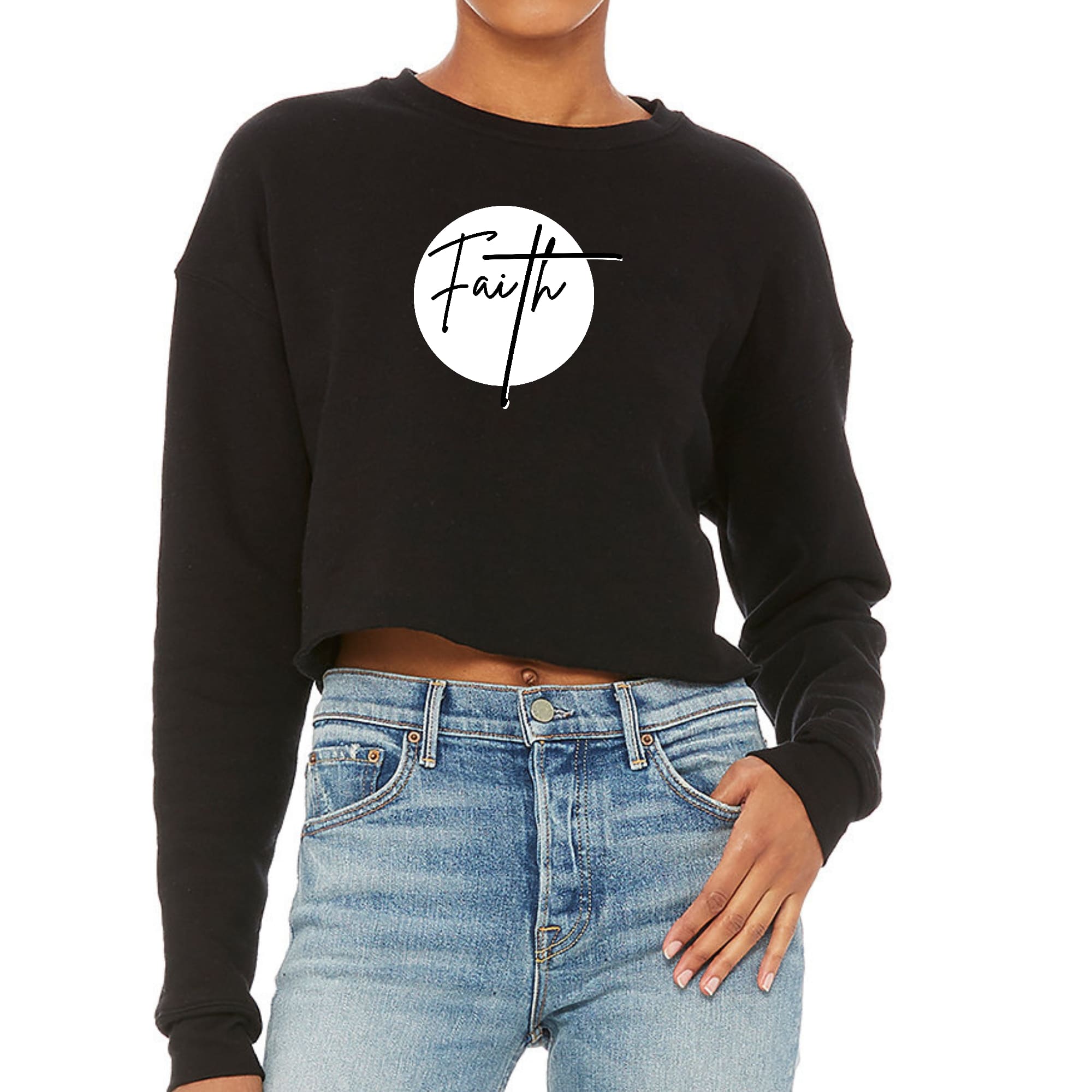 Women's cropped graphic sweatshirt featuring a bold Faith print in black on a white background, showcasing a relaxed fit and drop-shoulder design.