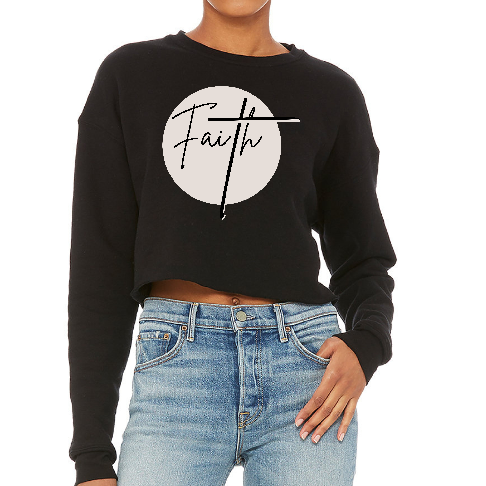 Women's cropped graphic sweatshirt featuring a Faith print in brown and black, showcasing a relaxed fit and long sleeves.