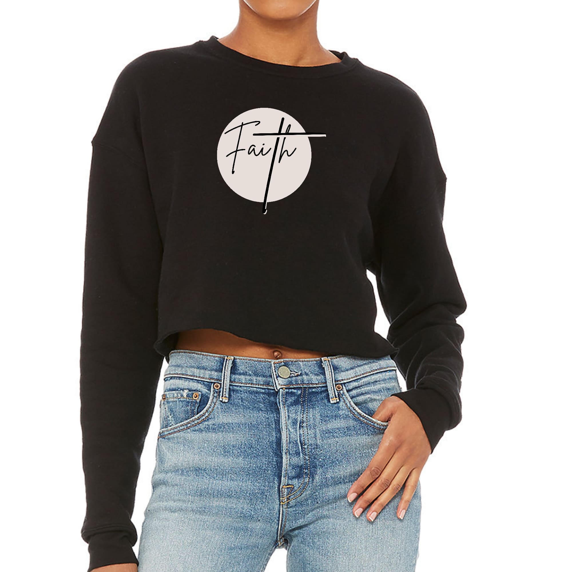 Women's cropped graphic sweatshirt featuring a Faith print in brown and black, showcasing a relaxed fit and long sleeves.