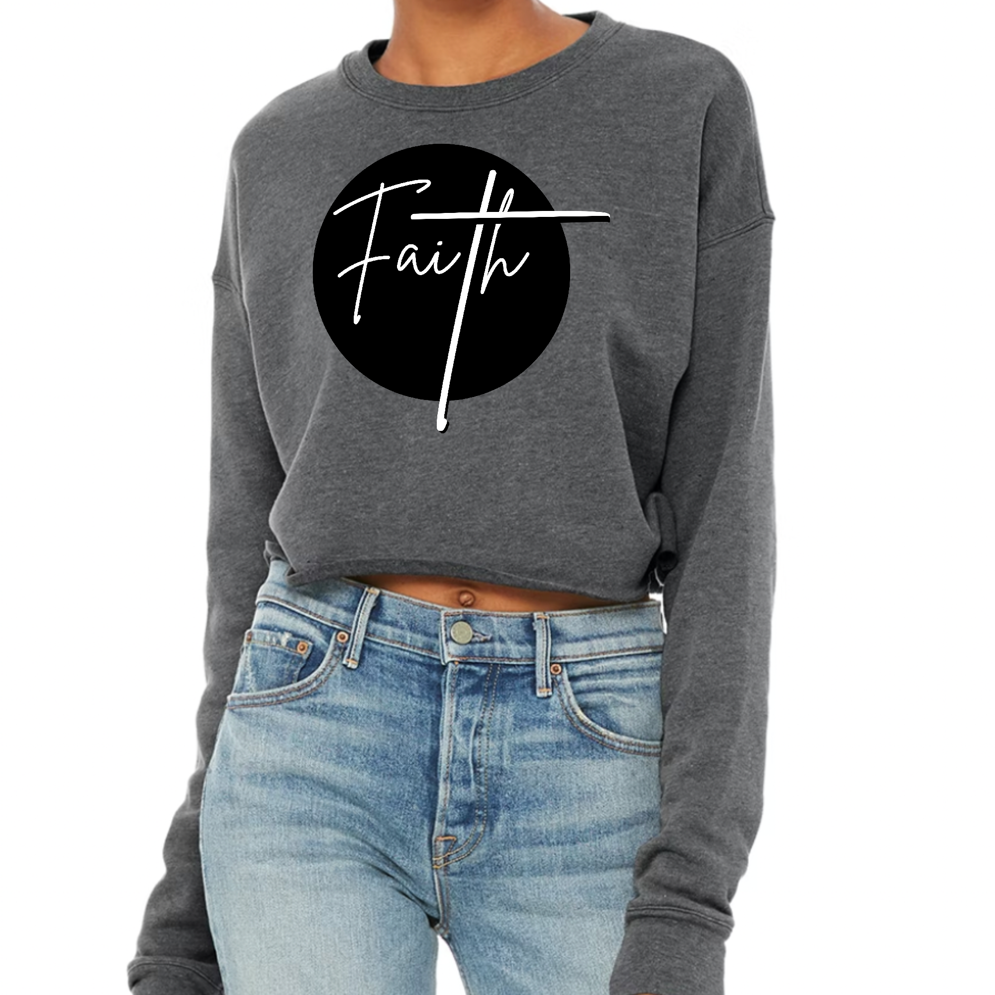 Women's cropped graphic sweatshirt featuring a bold Faith print in black and white, designed for comfort and style.