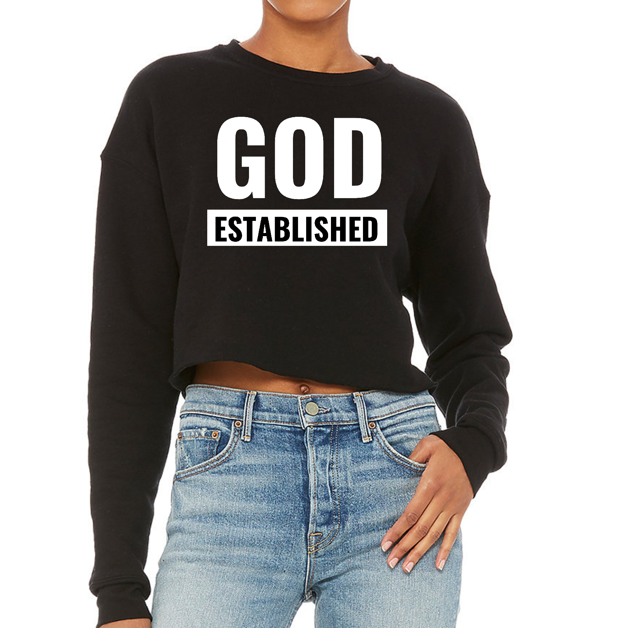 Women's cropped graphic sweatshirt featuring 'God Established' design, made from soft fleece material with a relaxed fit.