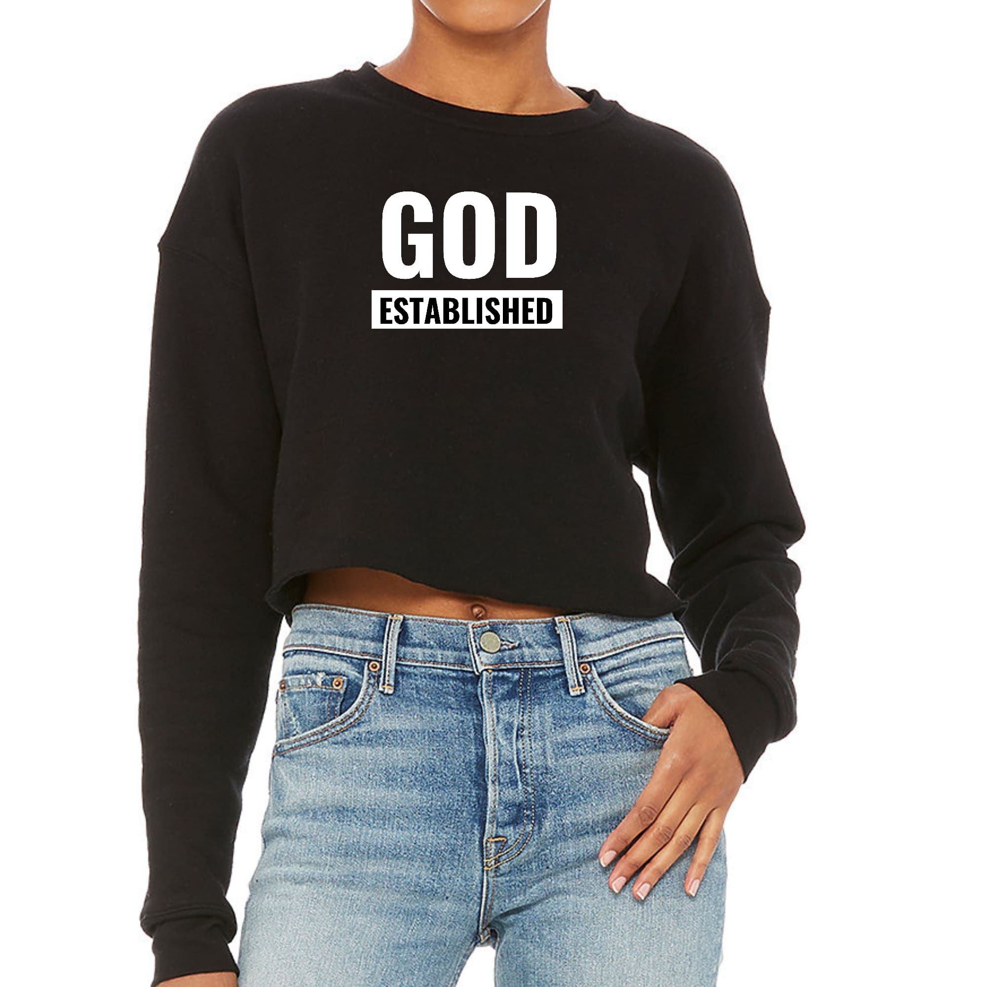 Women's cropped graphic sweatshirt featuring 'God Established' design, made from soft fleece material with a relaxed fit.