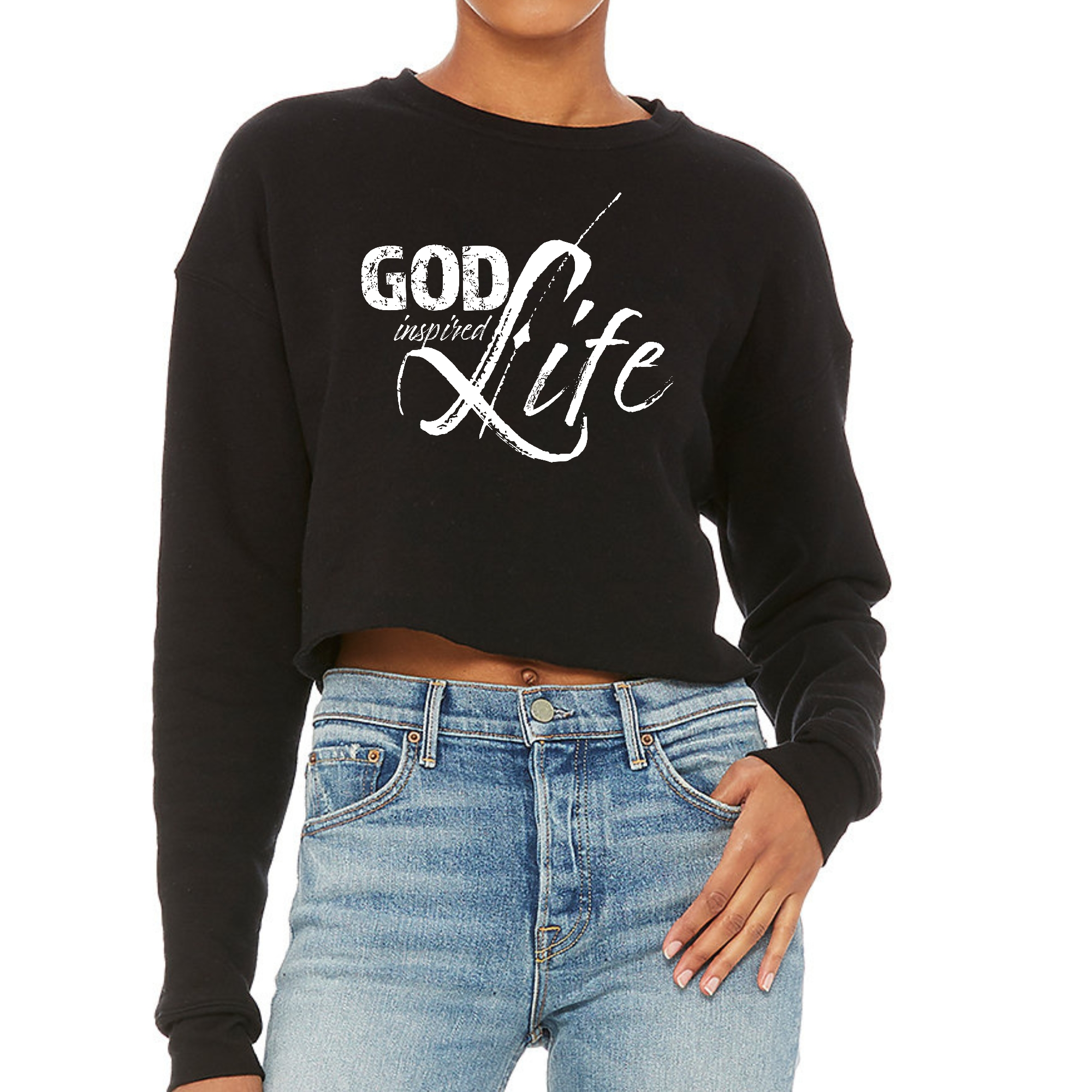 Women's cropped graphic sweatshirt featuring God Inspired Life quote, made from soft fleece material with a relaxed fit.