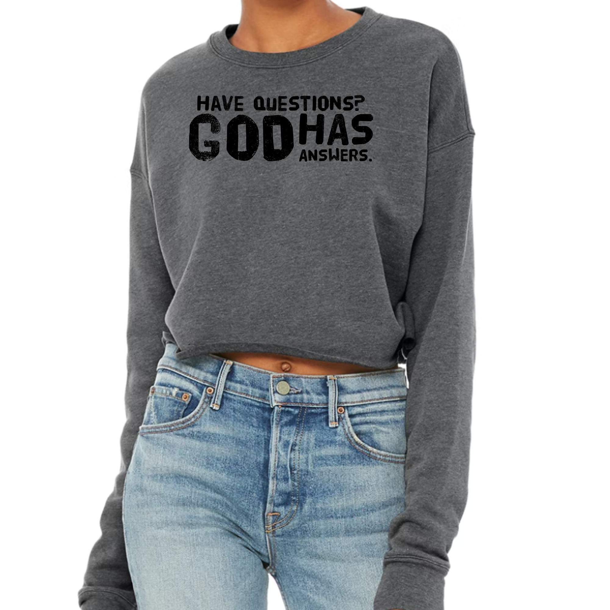 Black women's cropped graphic sweatshirt with 'Have Questions God has Answers' print, featuring long sleeves and a relaxed fit.